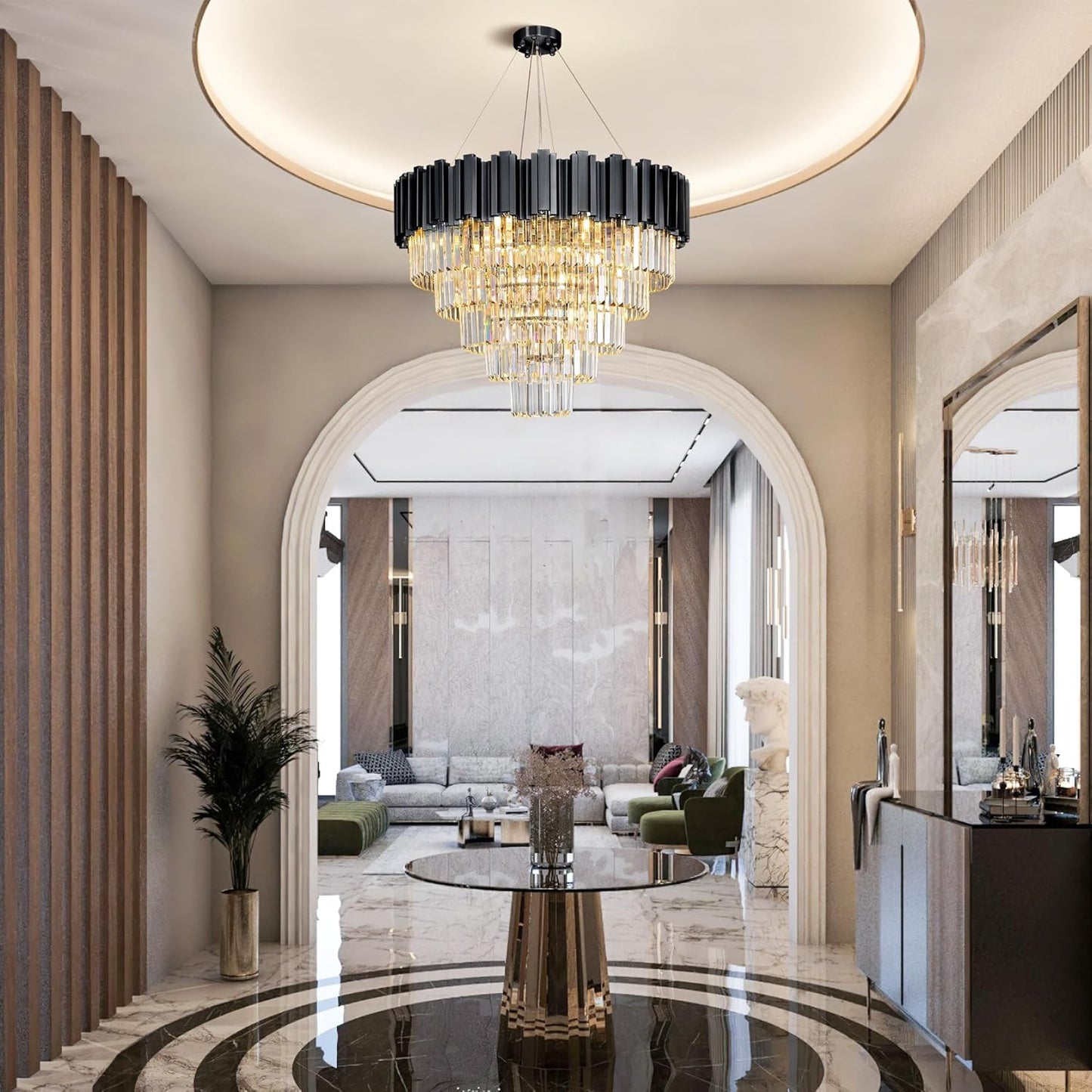 27.5" Black Crystal Chandelier, 9-Light Modern Luxury Round Chandelier, 5-Tier Contemporary Tiered Chandeliers Light Fixture for Dining Room, Living Room, Bedroom, Foyer, Entryway, Kitchen