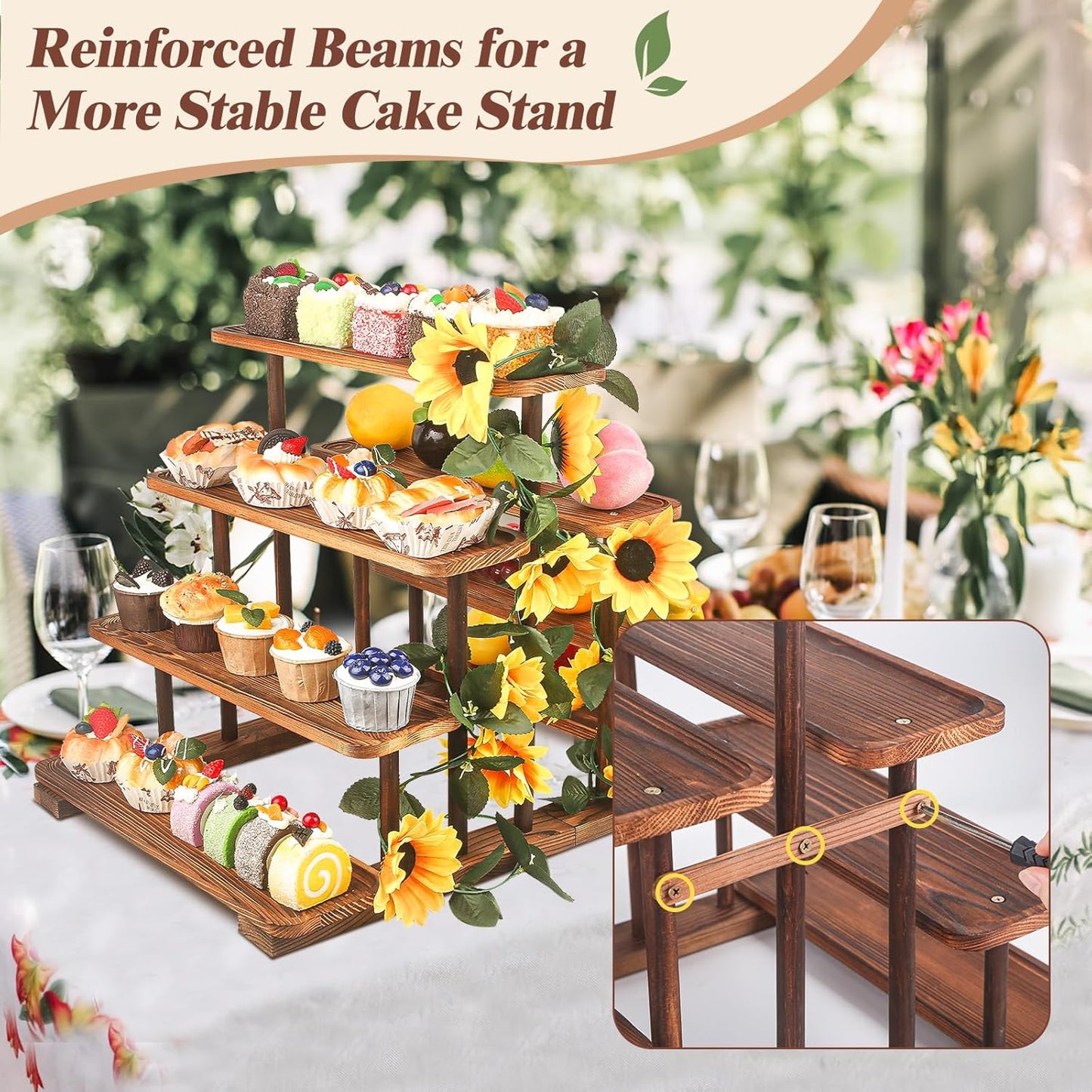 Wooden 7 Tier Cupcake Stand & Towers Serving Trays for Party with Vine Decoration - Party Display Serving Ladder with Platter for Cake, Snacks– Perfect for Catering, Events & Centerpieces