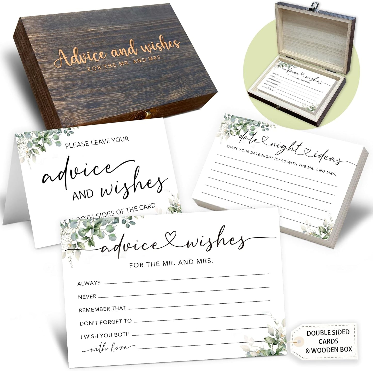 50 Pcs Advice and Wishes for the Mr and Mrs Cards in Box - Bridal Shower Guest Book - Perfect for Newlywed Games, Reception Decor, Engagement Parties & Anniversary Wishes(Greenery) - B04