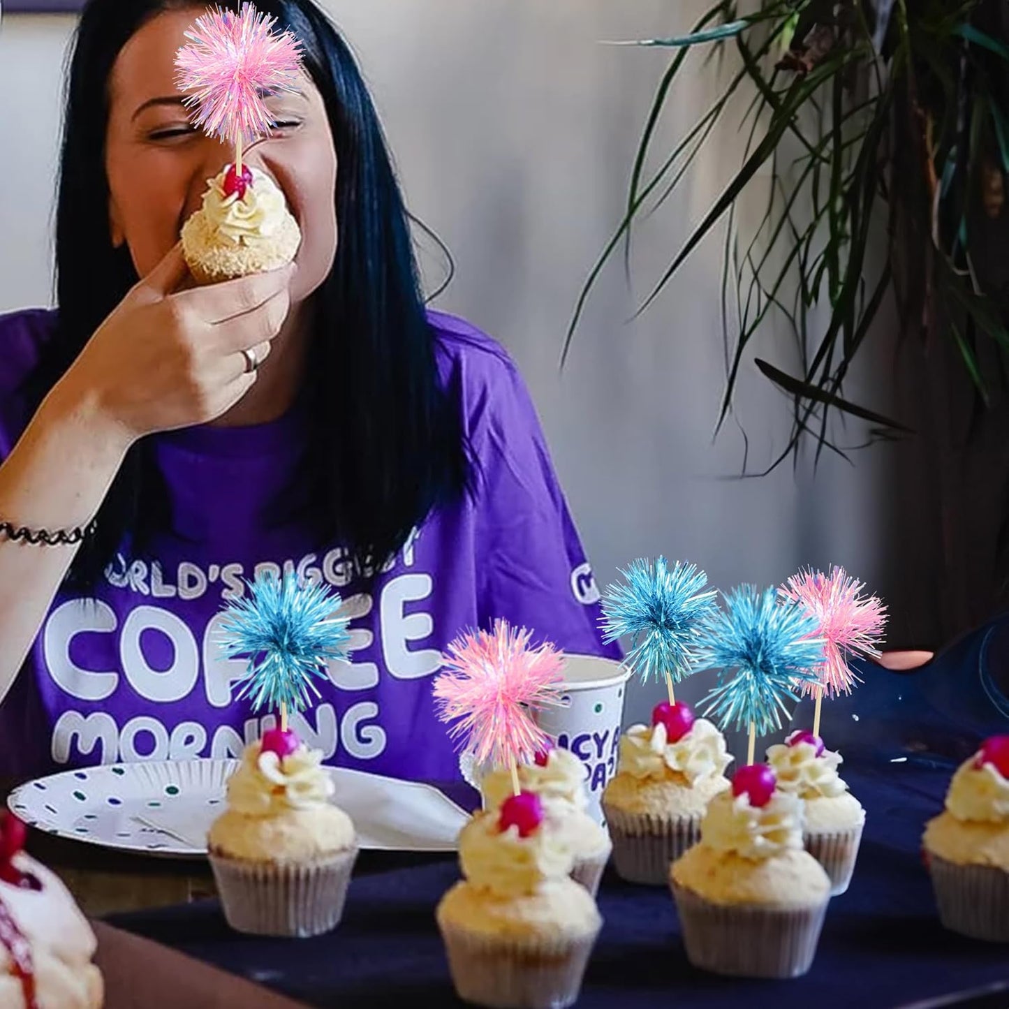 Gyufise 30Pcs Foil Firework Cupcake Toppers Sparkle Tinsel Cake Toppers Tinsel Drink Cake Decoration Cocktail Picks for Birthday Wedding Graduation Party Supplies Light Blue Pink