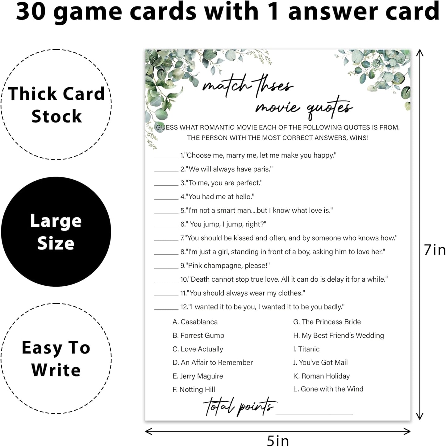 Eucalyptus Bridal Shower Game Cards - Match These Movie Quotes, Wedding Engagement Bachelorette Party Games for 30 Guests, 30 Double Sided Cards with 1 Answer Card, Activity Supplies & Favor/A10