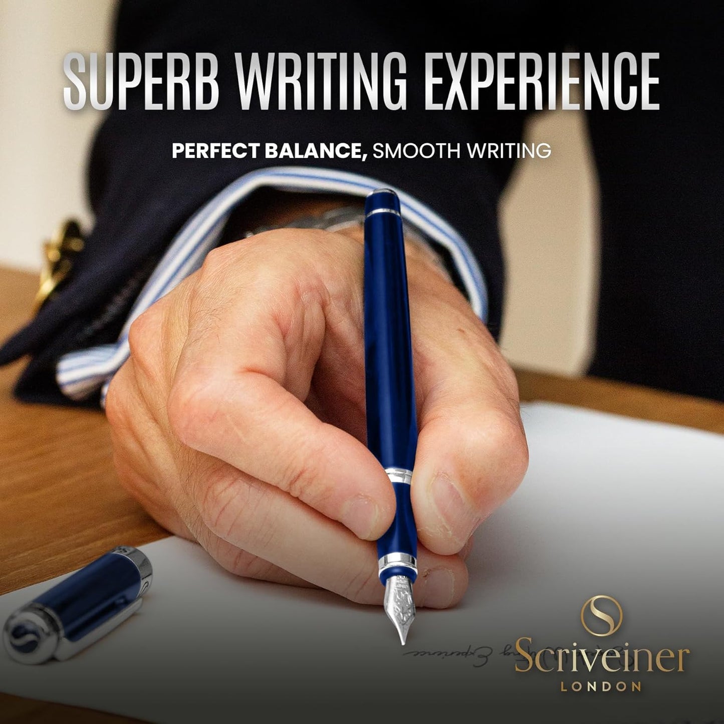 Scriveiner Midnight Blue Fountain Pen - Stunning Luxury Pen with Chrome Appointments, Schmidt Nib (Medium), Best Pen Gift Set for Men & Women, Professional, Executive, Office, Nice Pens