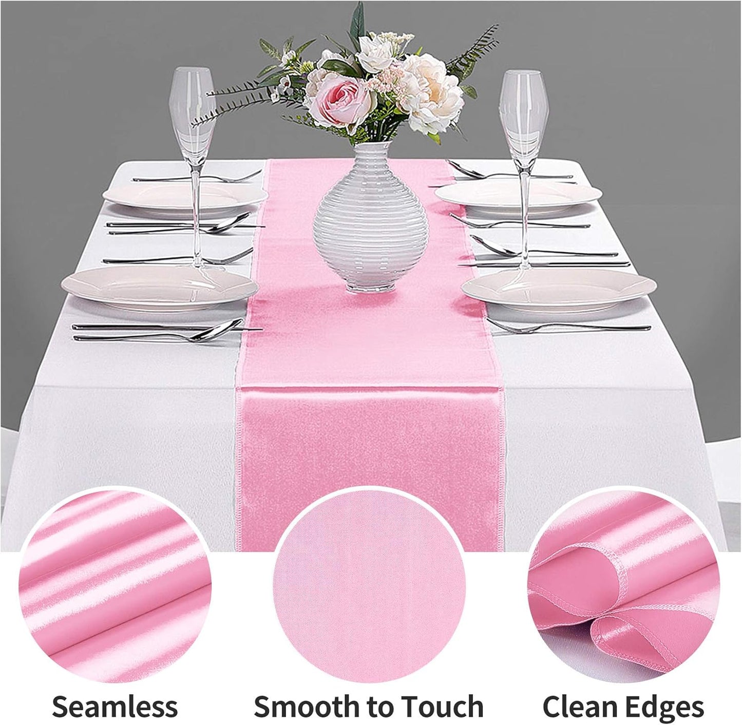 10-Pack Satin Table Runner Pink 12 x 108 inches Long, Table Runners for Wedding, Birthday Parties, Banquets Decorations（10 Pack, 12x108 Inch, Pink）