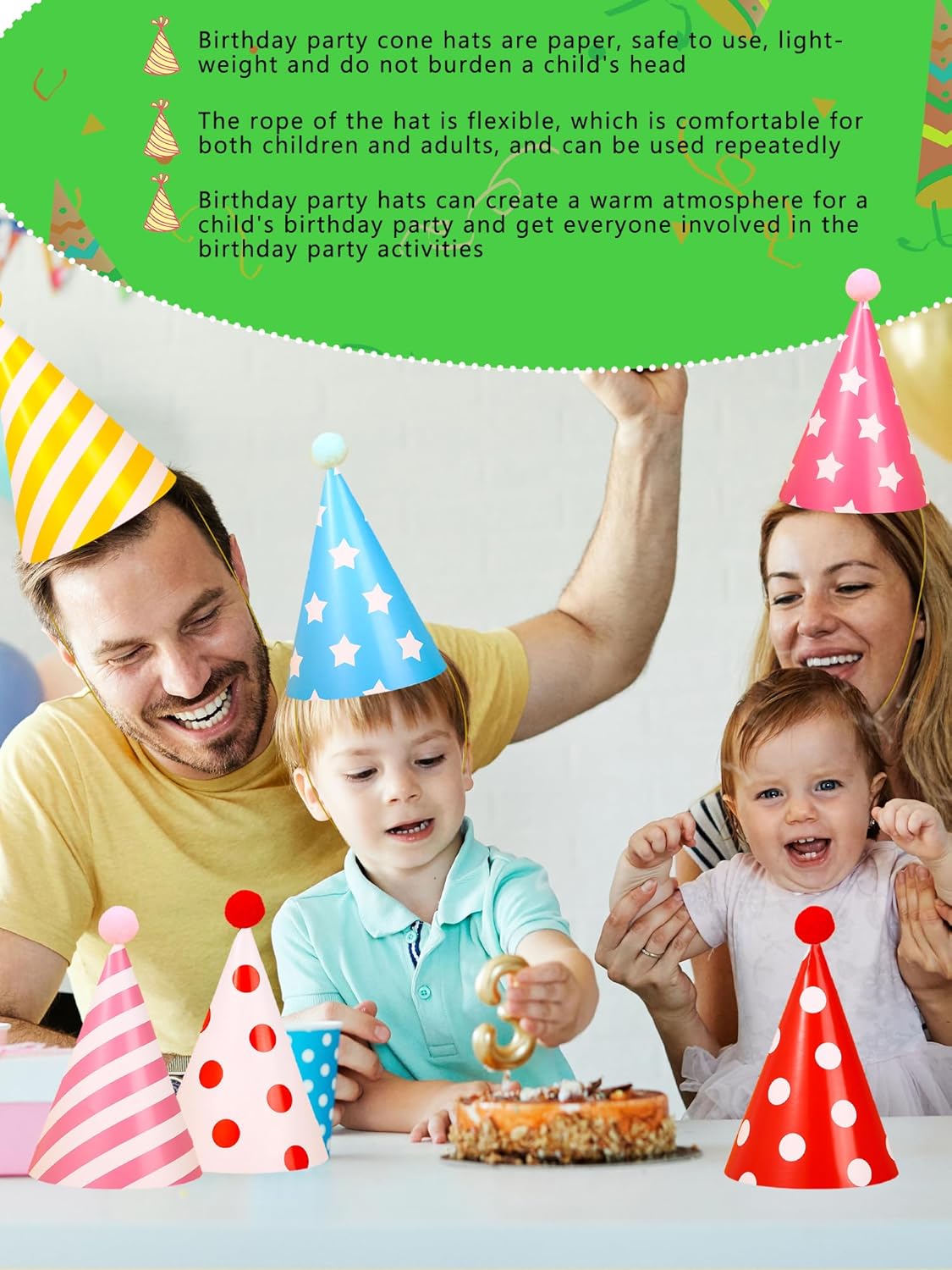 20 Pcs Birthday Party Cone Hats with Pom Poms Assorted Cone Paper Hat for Birthday Christmas New Year Party Supplies, 10 Styles