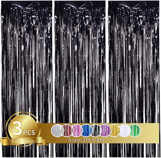 TONIFUL 3Pcs Black Door Streamers,Black Photo Booth Backdrop Metallic Streamers Foil Fringe Curtains for Halloween,Birthday,Christmas,New Year,Bachelorette,Graduation Party Decor(9.9ft x 8.2ft)