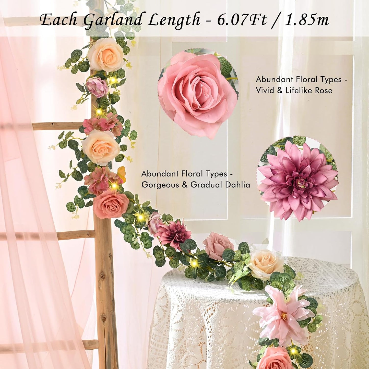 Waipfaru Artificial Flower Garland with Lights, 6.07Ft Lighted Eucalyptus Greenery Garland, Pink Rose Floral Vines for Wedding Table Runner Centerpieces Backdrop Decor