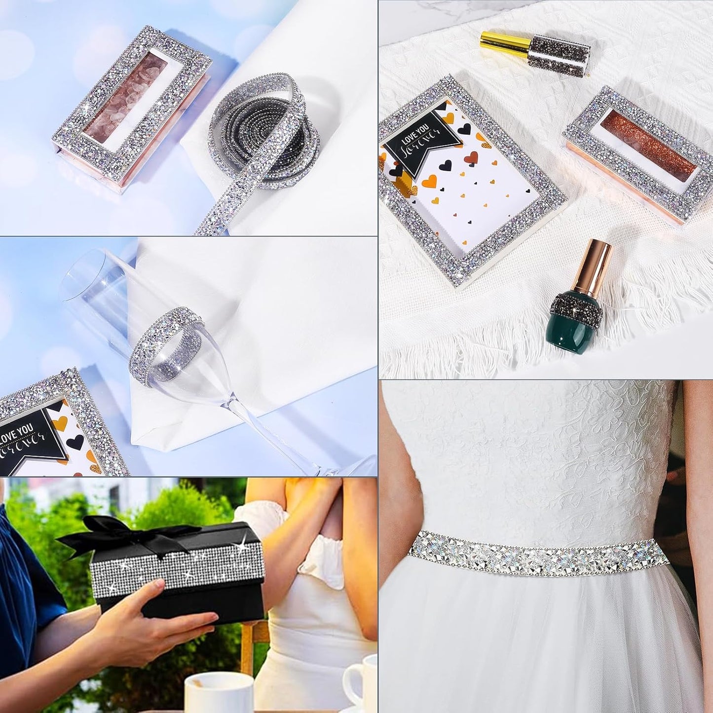 Rhinestone Ribbon 6 Yards Self Adhesive Rhinestone Strips Diamond Ribbon Sticker Crystal Roll Glitter Bling Rhinestones Tape for Crafting DIY Art Decoration (Silver AB,0.4 Inch)