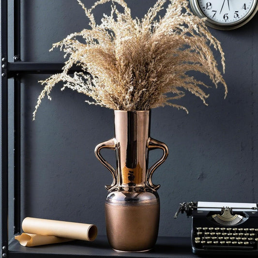 Gold Ceramic Vase with Handles, Brown Rustic Farmhouse Vintage Flower Vases Home Decor, Modern Amber Tall Centerpiece Floral Large Vases for Living Room, Bedroom, Office Metal Glaze Finish 11 Inch