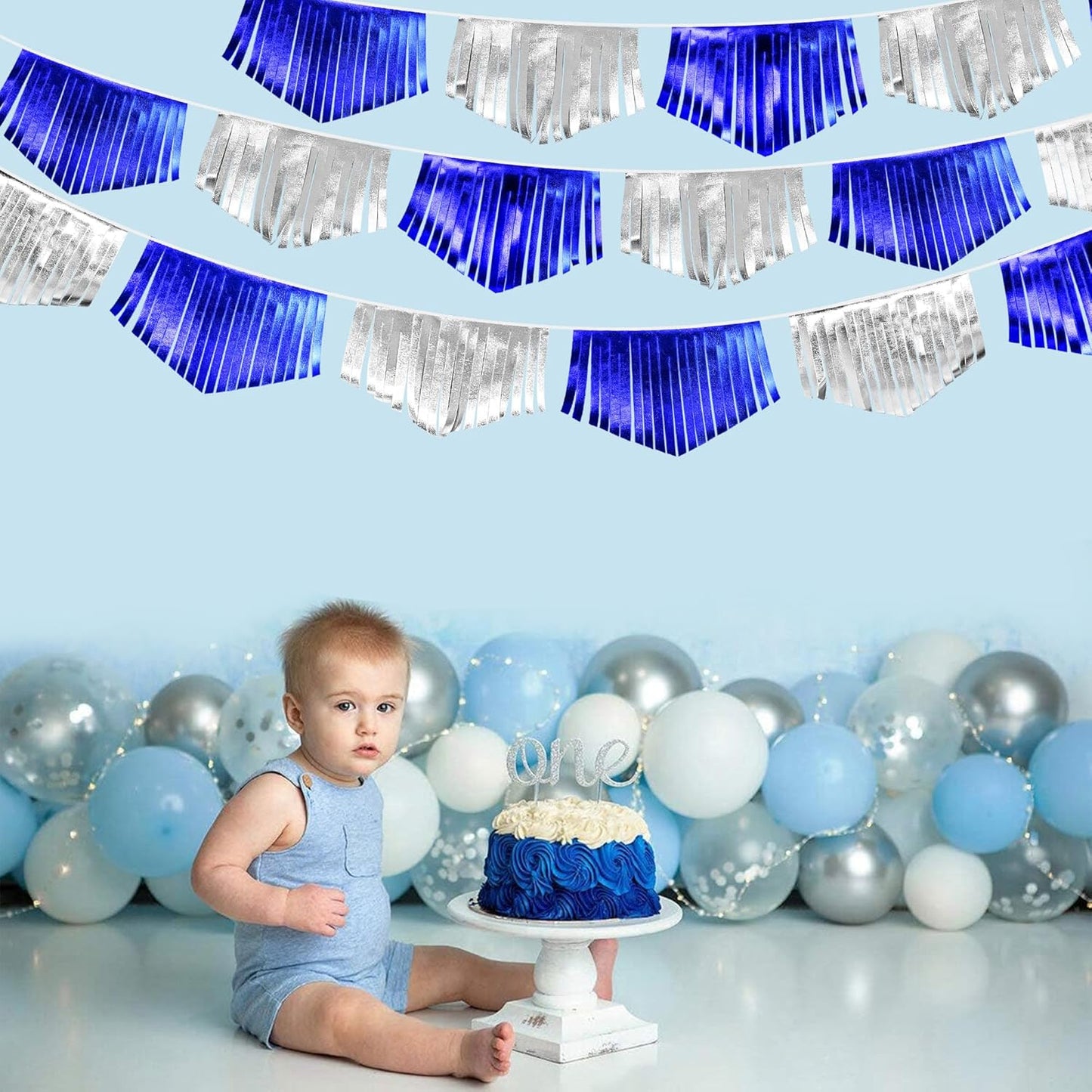 Royal Blue Silver Tassel Banner Metallic Fabric Pennant Bunting Flag for Graduation Birthday Retirement Bachelorette Engagement Wedding Bridal Shower Navy Nautical Ahoy Achor Party Decoration Supplies