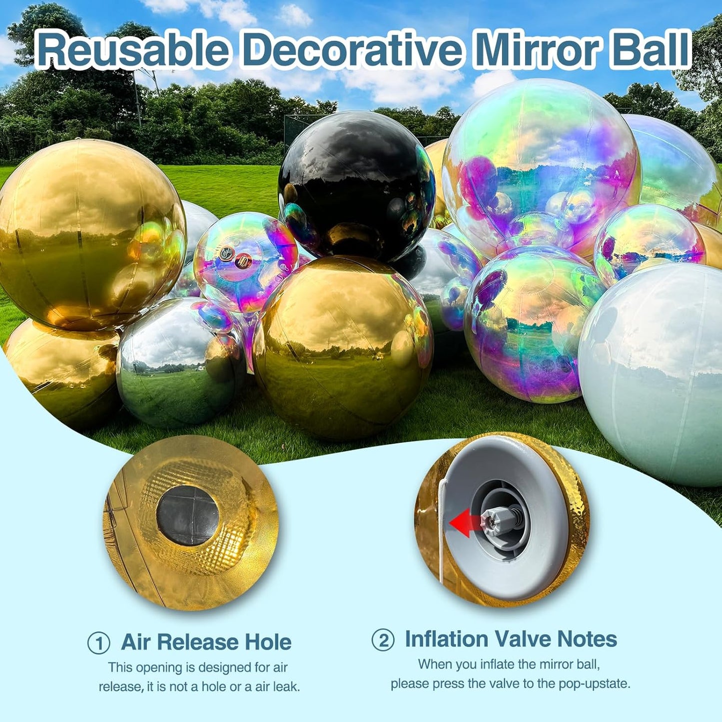 3PCS Silver Inflatable Mirror Ball, Big Shinny Balls Reusable Large PVC Disco Ball Balloon for Large Event Decoration, Party, Concerts, Stage, Wedding Decor, Without Air Pump