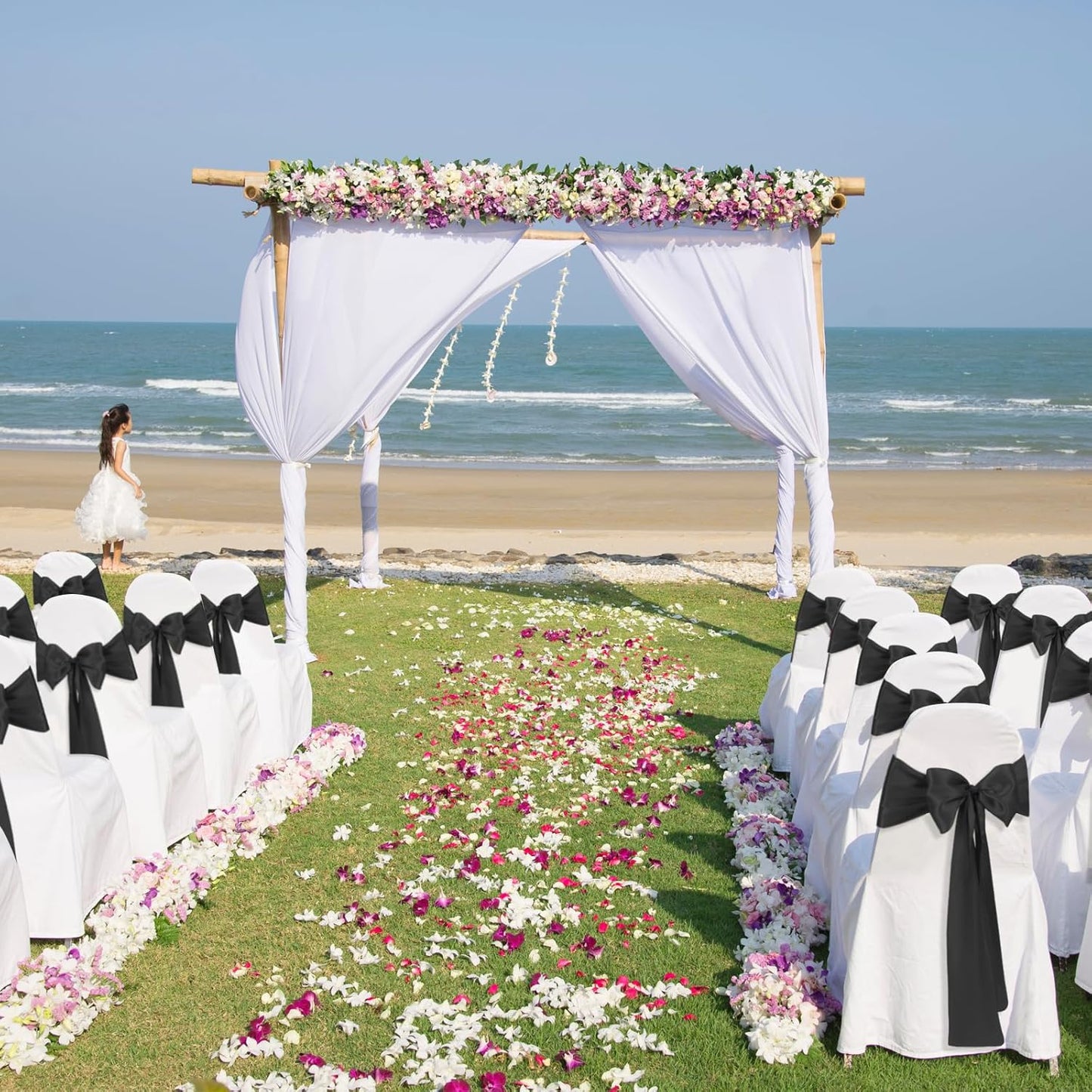 10 PCS Black Satin Chair Sashes Bows Universal Chair Ribbon Ties Back Sash for Wedding Party Reception Events Banquets Hotel Event Chair Cover Decoration (Champagne 7x108 inch)