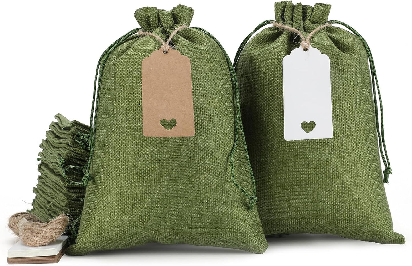 Tapleap Gift Bags - 30Pcs 7x10 Green Burlap Sacks with Tags and String for Wrapping Halloween Gifts, Wooden Cross, For Birthday, Wedding, Party, Church