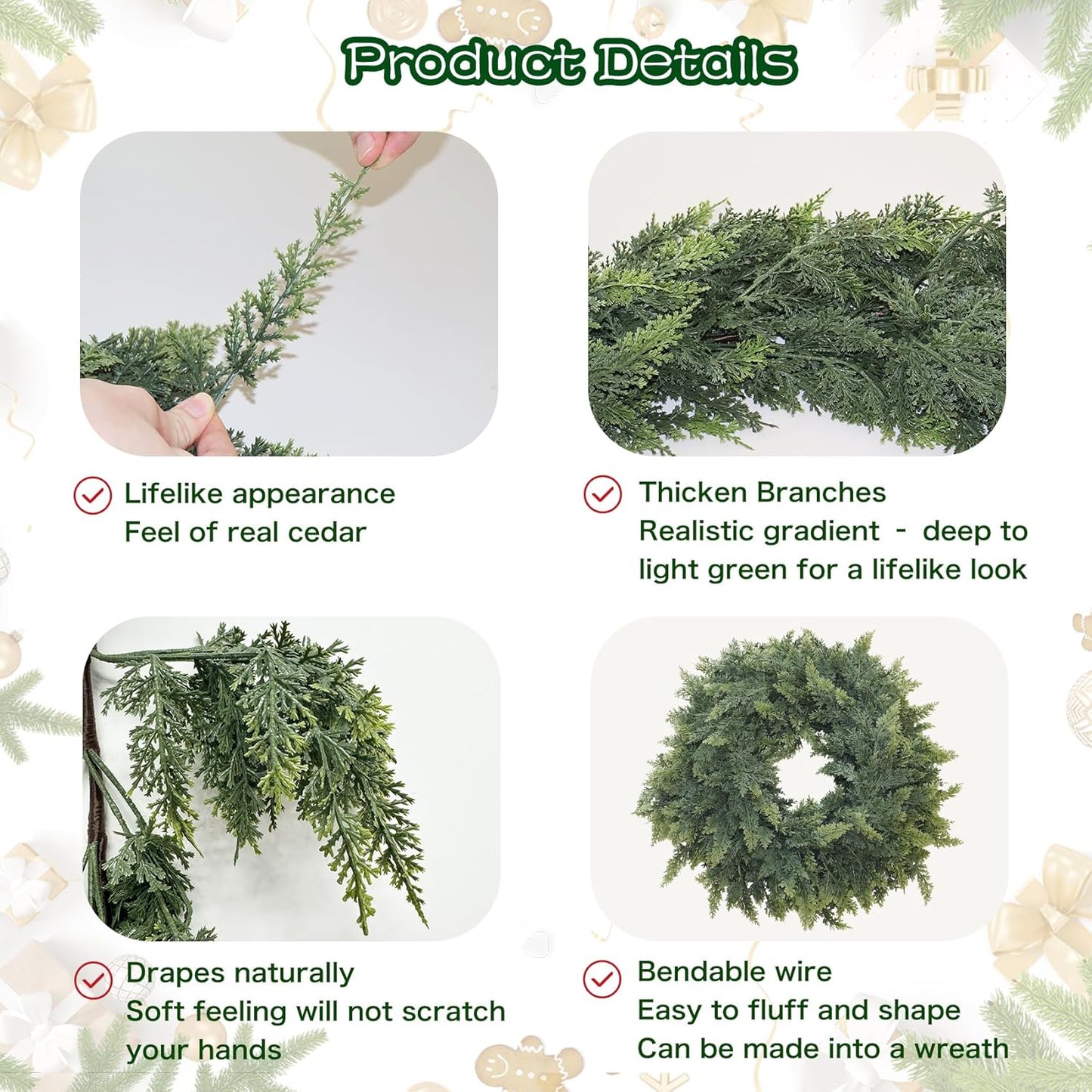 15FT Christmas Cedar Garland Artificial Real Touch Thickness Realistic Greenery Pine Garland for Mantle Fireplace Outdoor Indoor Christmas Decorations