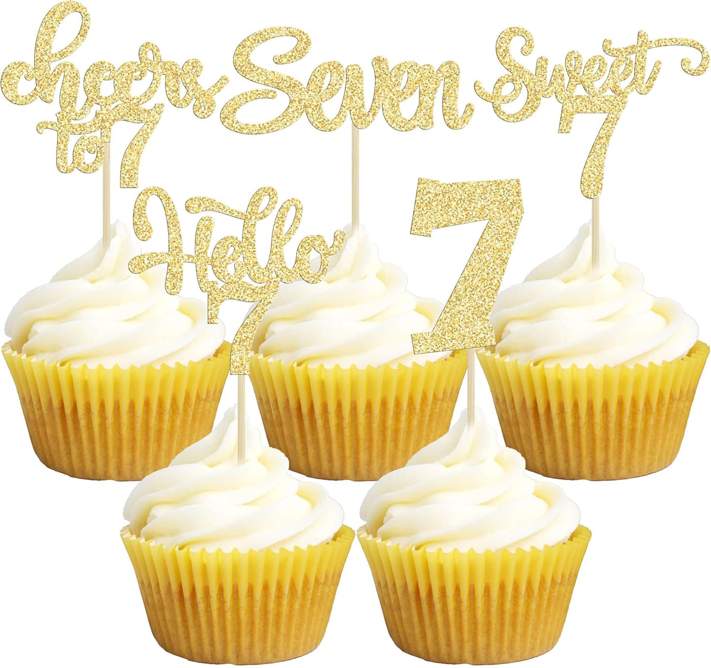 30Pcs 7th Birthday Cupcake Toppers Glitter Seven Happy 7 Cupcake Picks Cheers to 7 Years Old Cake Decorations for 7th Birthday Party Supplies Gold