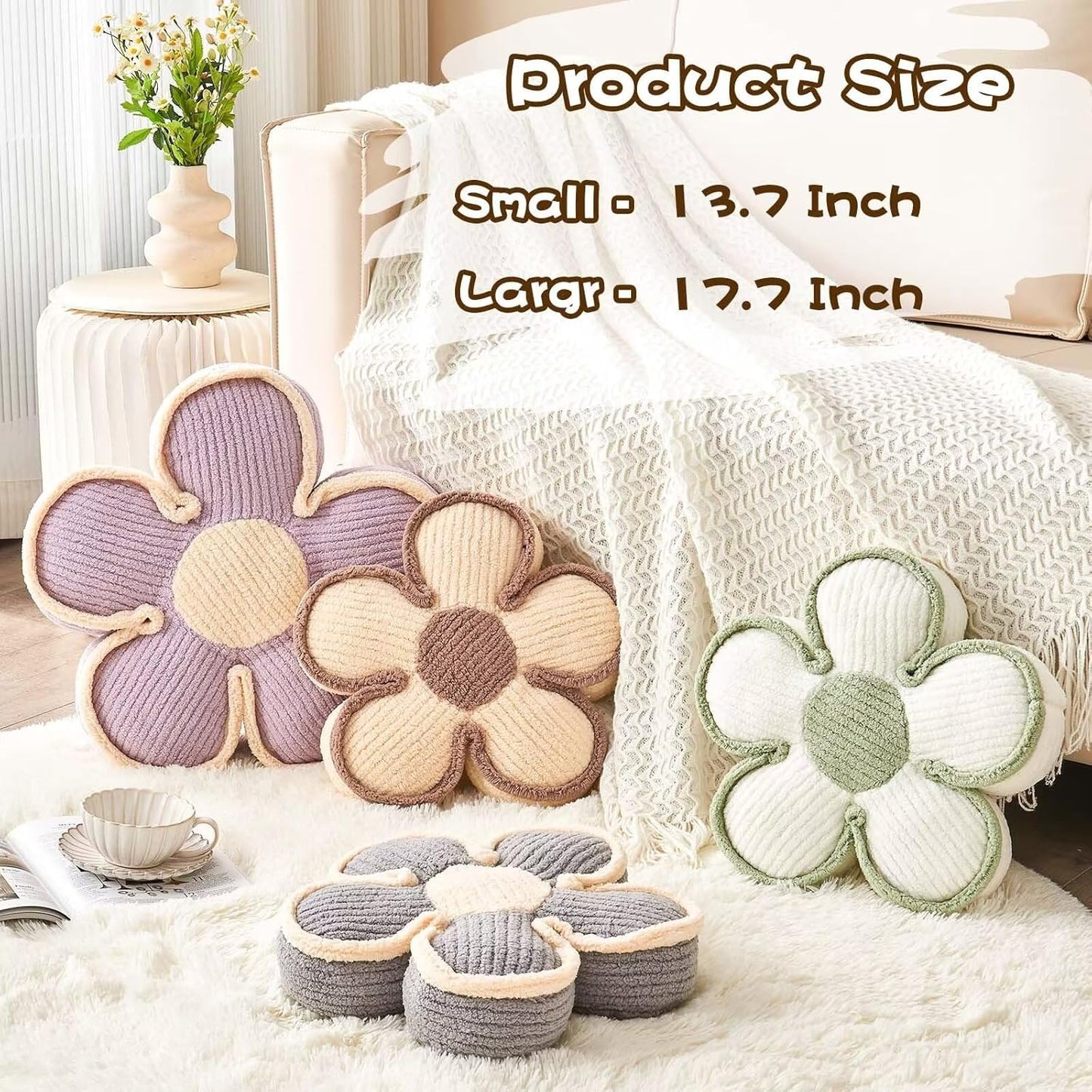 Soft Flower Shaped Floor Cushion, Plush Decorative Throw Pillow, Cute Seating Cushion, Room Decor Plush Pillows for Sofa Couch Bed (13.7 Inch, White)