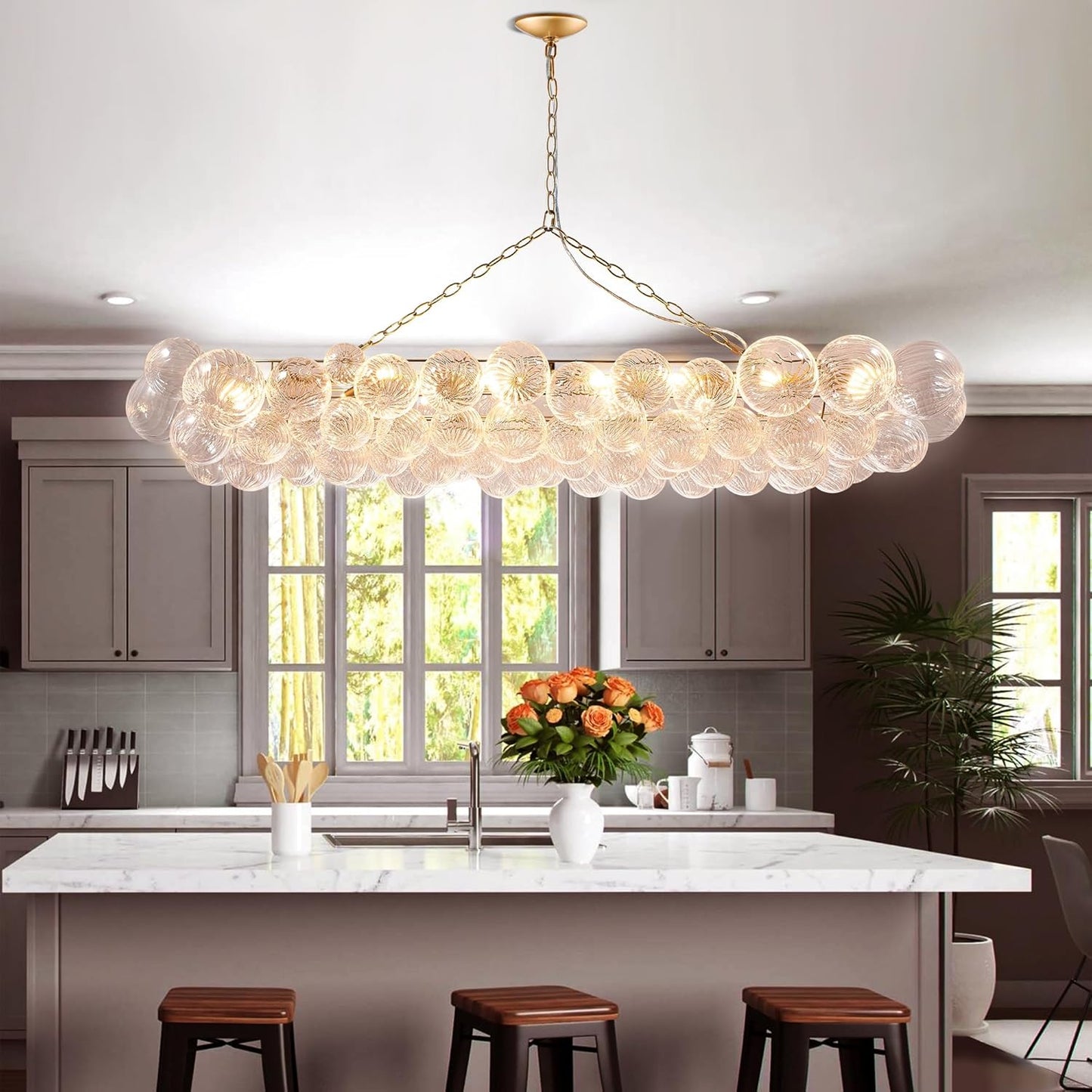 Nordic Bubble Ball Swirled Glass Chandelier, 62 inch Long Rectangular Chandeliers Island Light Fixture for Dining Table Living Room
