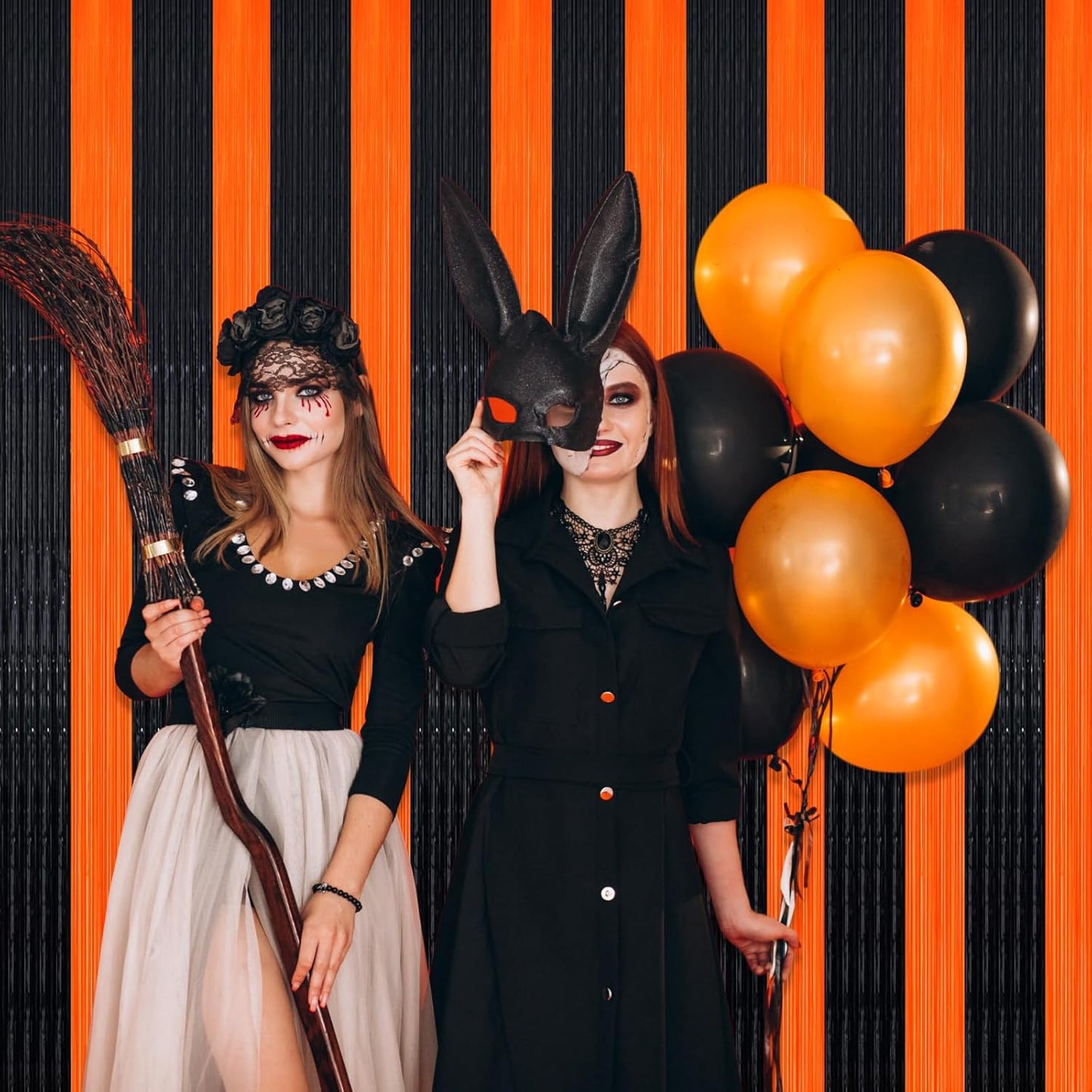 3 Pack Black Orange Foil Fringe Curtain Backdrop, 3.28Ft x 8.2Ft Metallic Tinsel Foil Fringe Streamer Curtains for Photo Booth, Mother's Day, Easter, Birthday, Wedding Party Decorations