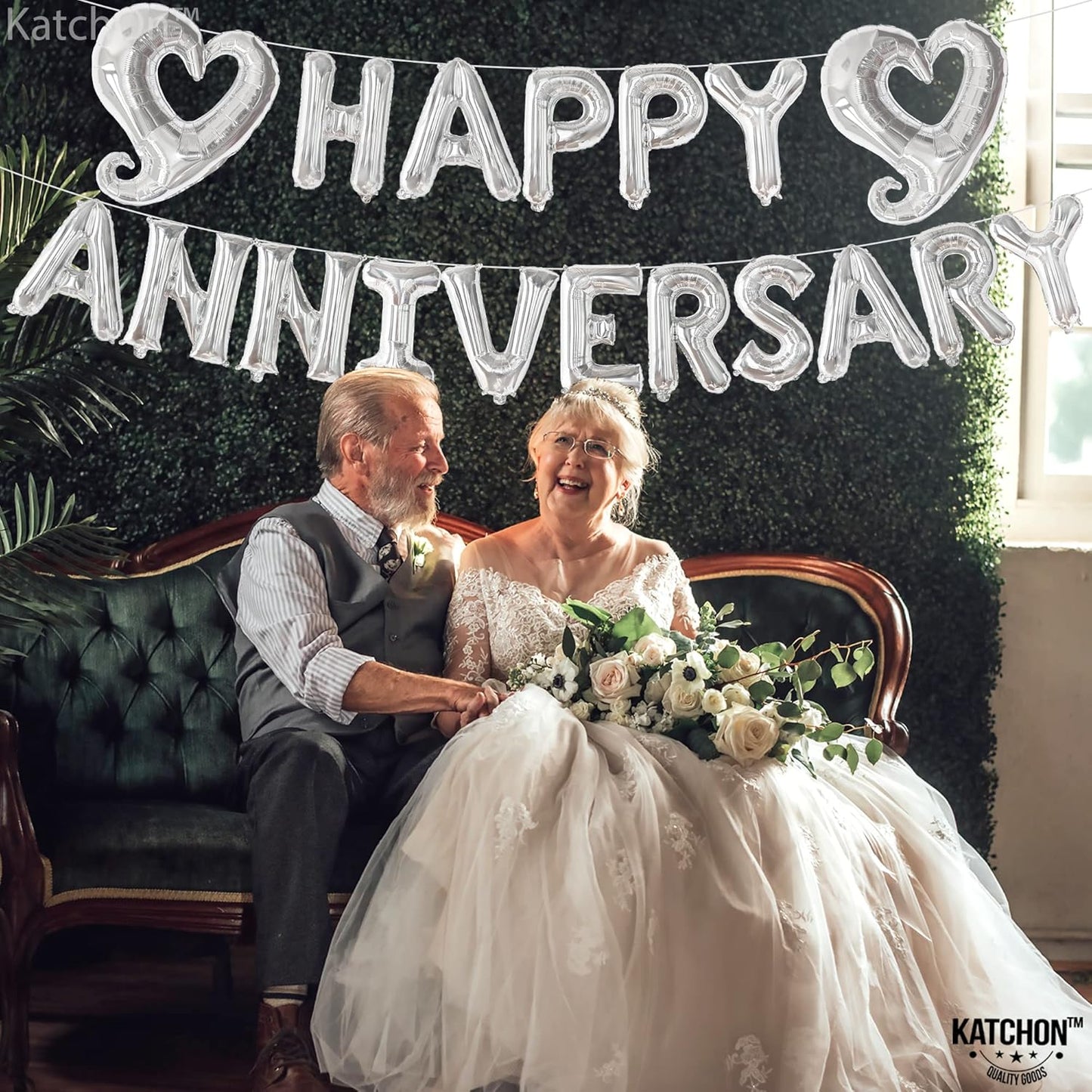 KatchOn, Silver Happy Anniversary Balloons Letters - Big, 18 Inch | Silver Happy Anniversary Balloon Banner | Heart Balloons