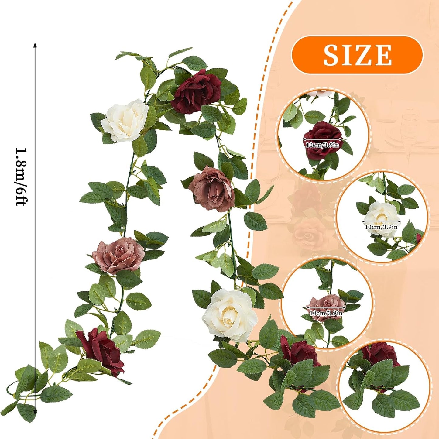 Burgundy Artificial Rose Garlands Rose Vines Leaves Banners Hanging Floral Garland Fake Rose Flower Vine for Wedding Arch Ceremony Home Garden Outdoor Party Wall Decorations