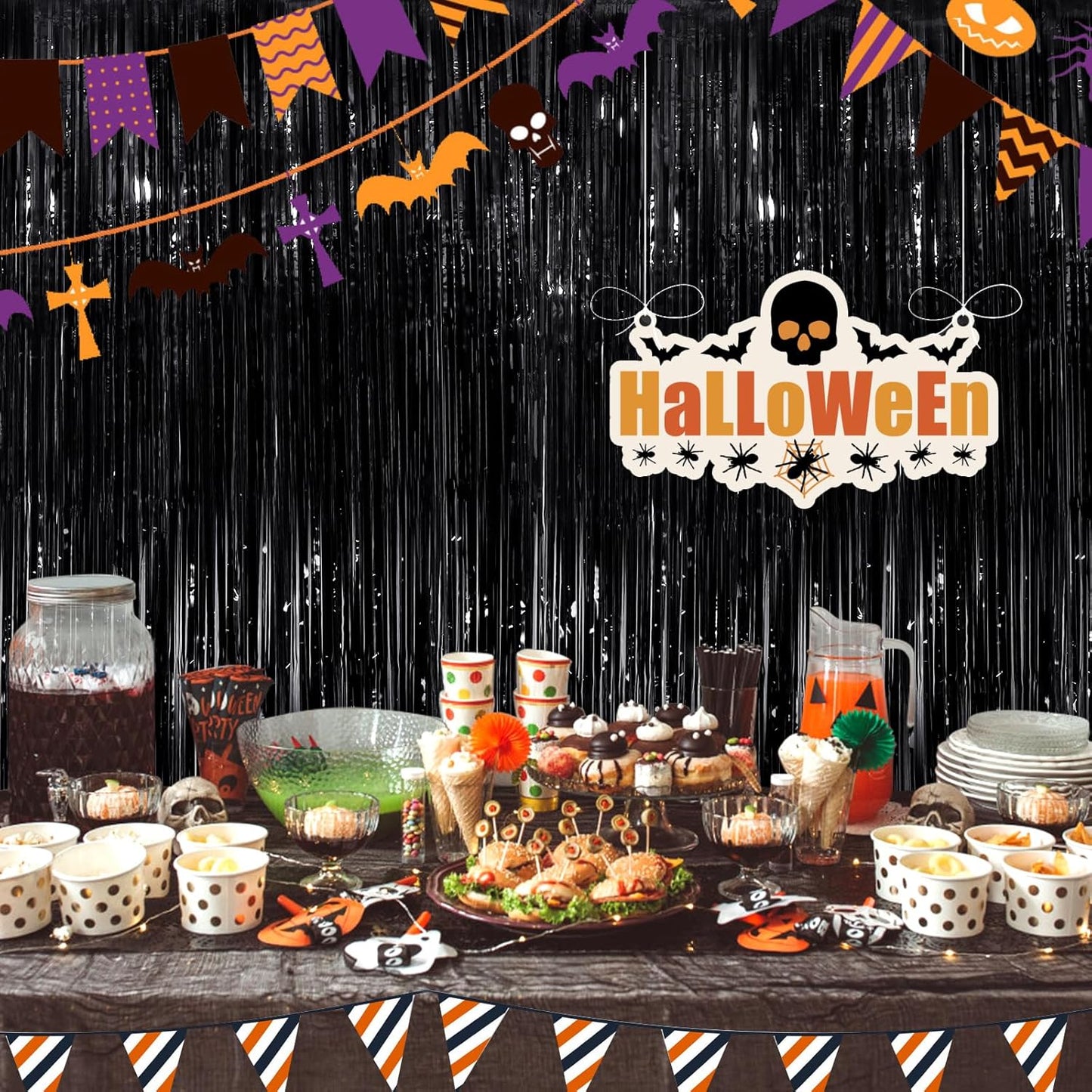 Black Fringe Curtain Party Streamers 2Pack 3.3x8.3 Ft Foil Fringe Backdrop Curtains for Birthday Wedding Bridal Baby Shower Halloween Decor Tinsel Streamers Black Party Decorations Door Streamers