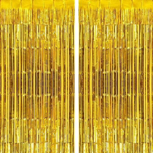 2 Pack Gold Fringe Curtains Foil Shiny Fringe Backdrop Tinsel Door Streamers Foil Curtains for Birthday Wedding Engagement Bridal Shower Celebration Party Decorations Large
