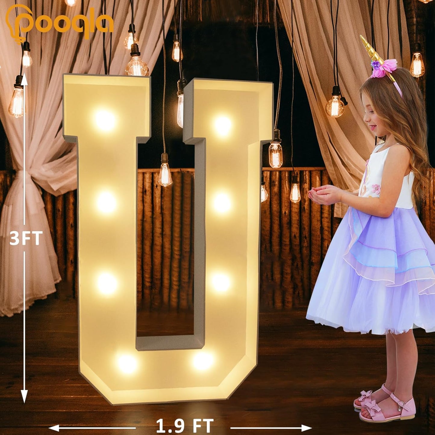 Pooqla 3FT Marquee Light Up Letters, Cool White and Warm White LED Big Mosaic Marquee Letters 3 Feet, Giant Letter Sign for Balloons Birthday Anniversary Wedding Party Decoration, Letter U