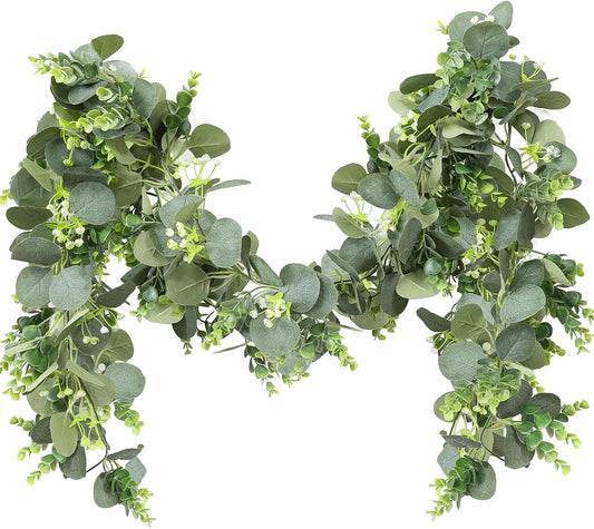 MAKHOT 2pcs Artificial Eucalyptus Garland, 5.9FT Greenery Garland Flower Spring Summer Green Garlands Vines Decoration, Fake Silver Dollar Eucalyptus Leaves Vines for Table Home Wedding Party Decor