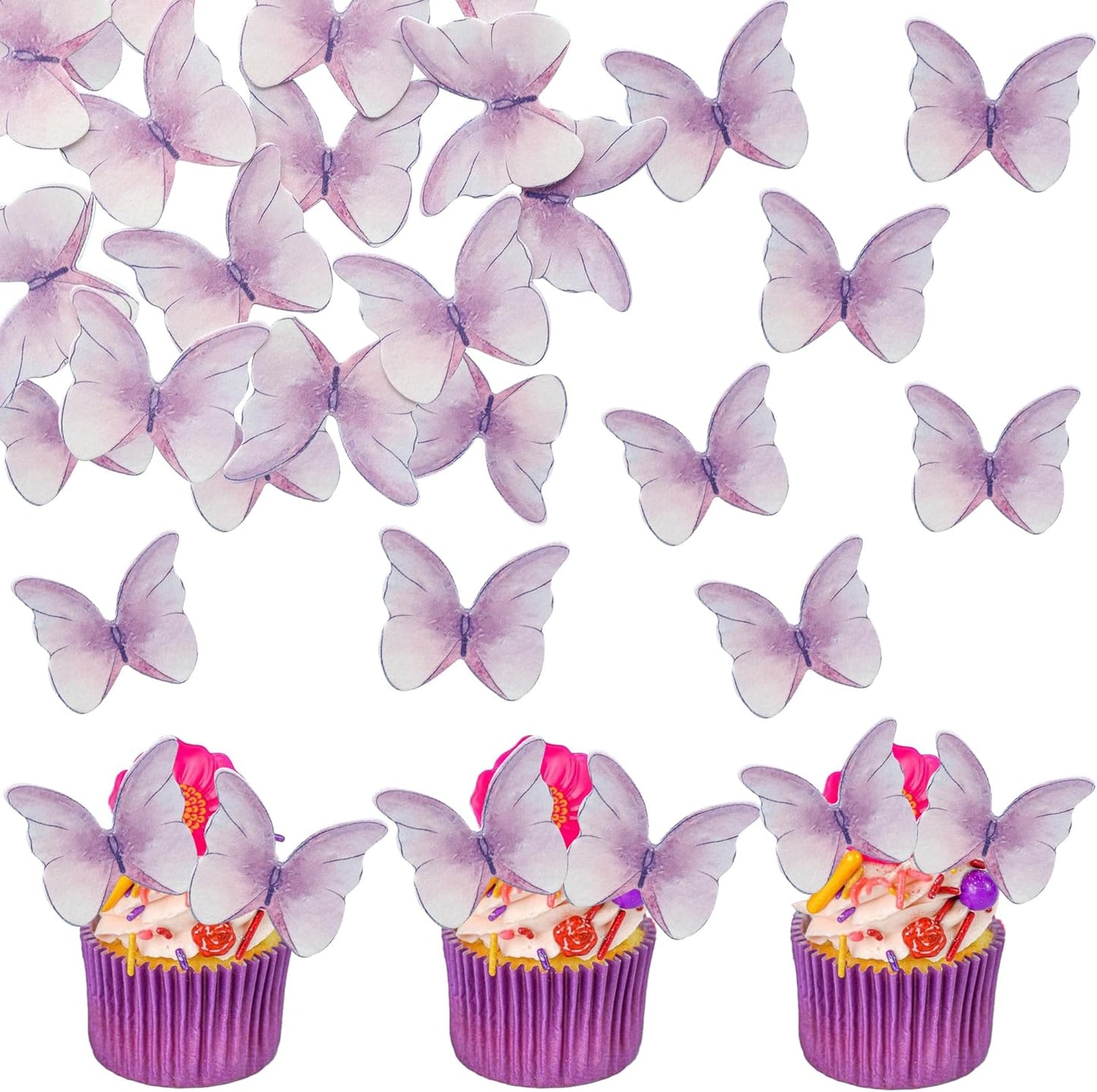 Ephlyn 48Pcs Edible Butterfly Cupcake Toppers Cute 3D Butterfly Cake Picks for Baby Shower Bridal Shower Boys Girls Birthday Party Cake Decorations Supplies Purple
