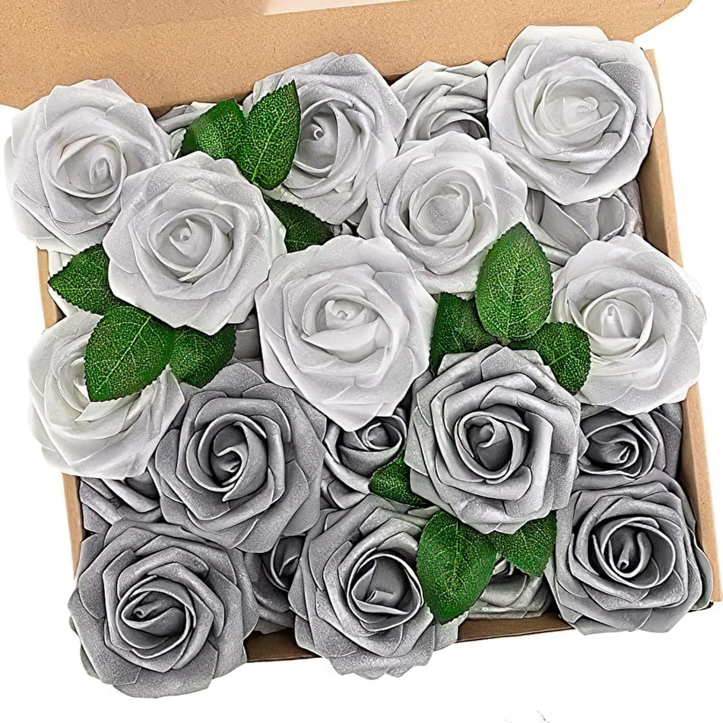 N&T NIETING Roses Artificial Flowers, 50Pcs Fake Flowers Foam Roses with Stems for DIY Wedding Bridesmaid Bridal Bouquets Centerpieces Party Home Decoration Baby Shower, Silver White and Silver Grey