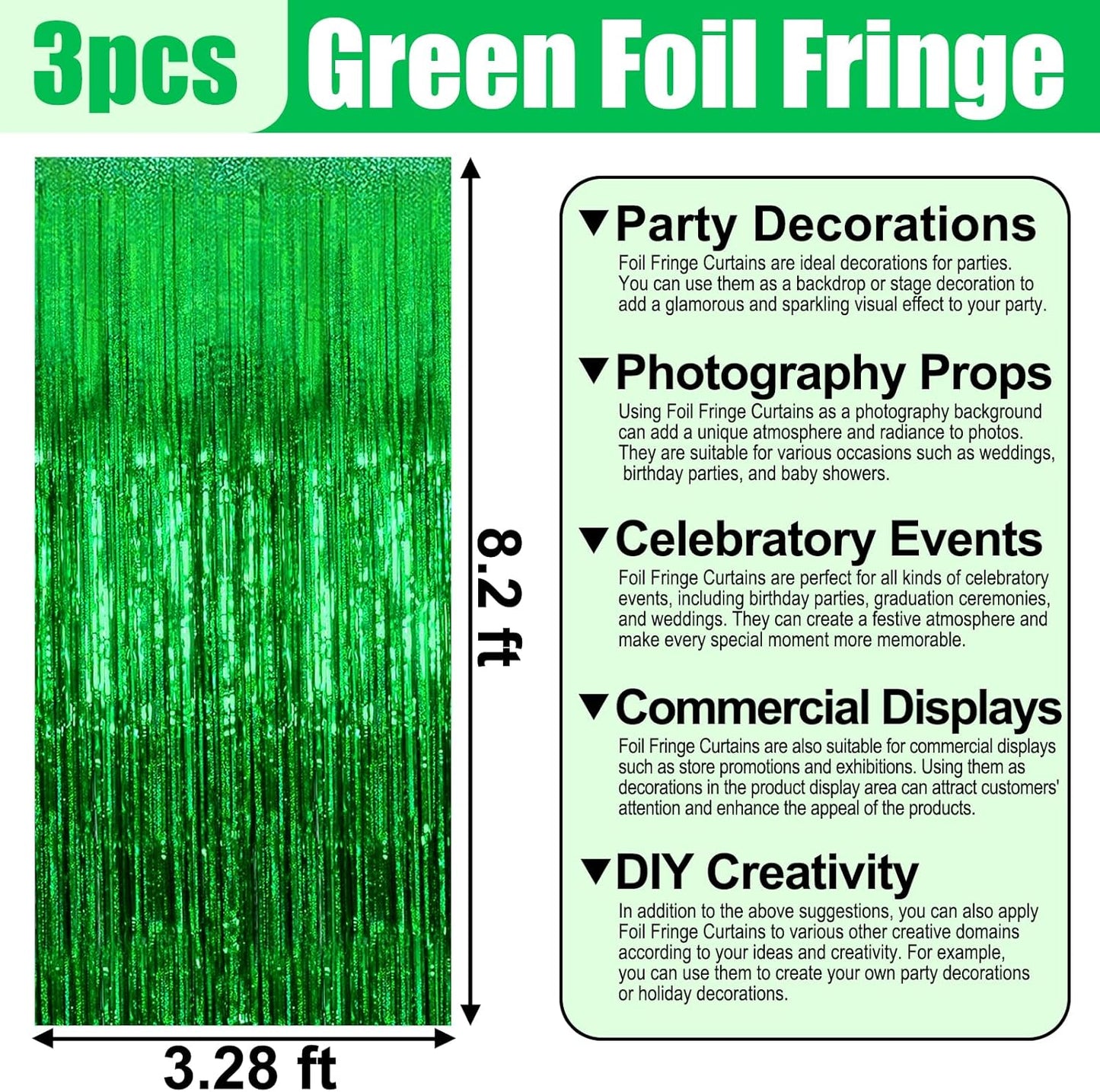 3 Pack Green Foil Fringe Curtain Backdrop, 3.28Ft x 8.2Ft Metallic Tinsel Foil Fringe Streamer Curtains for Photo Booth, Mother's Day, Easter, Birthday, Wedding Party Decorations