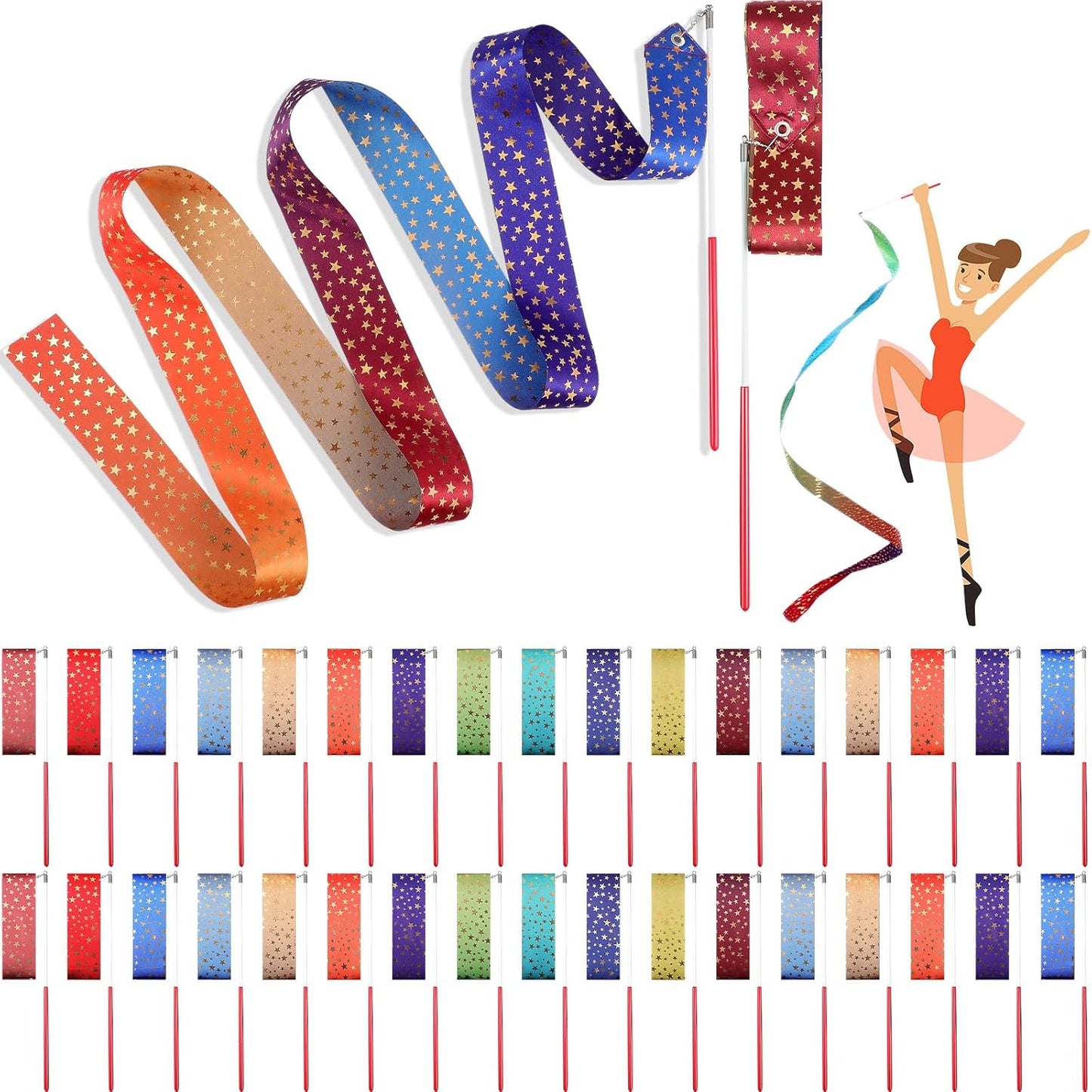 Yilloog 50 Pcs Ribbon Dancing Wands Party Favors, 78.7 Inch Artistic Gymnastics Ribbon Streamers Twirling Wands, Rainbow Birthday Decorations