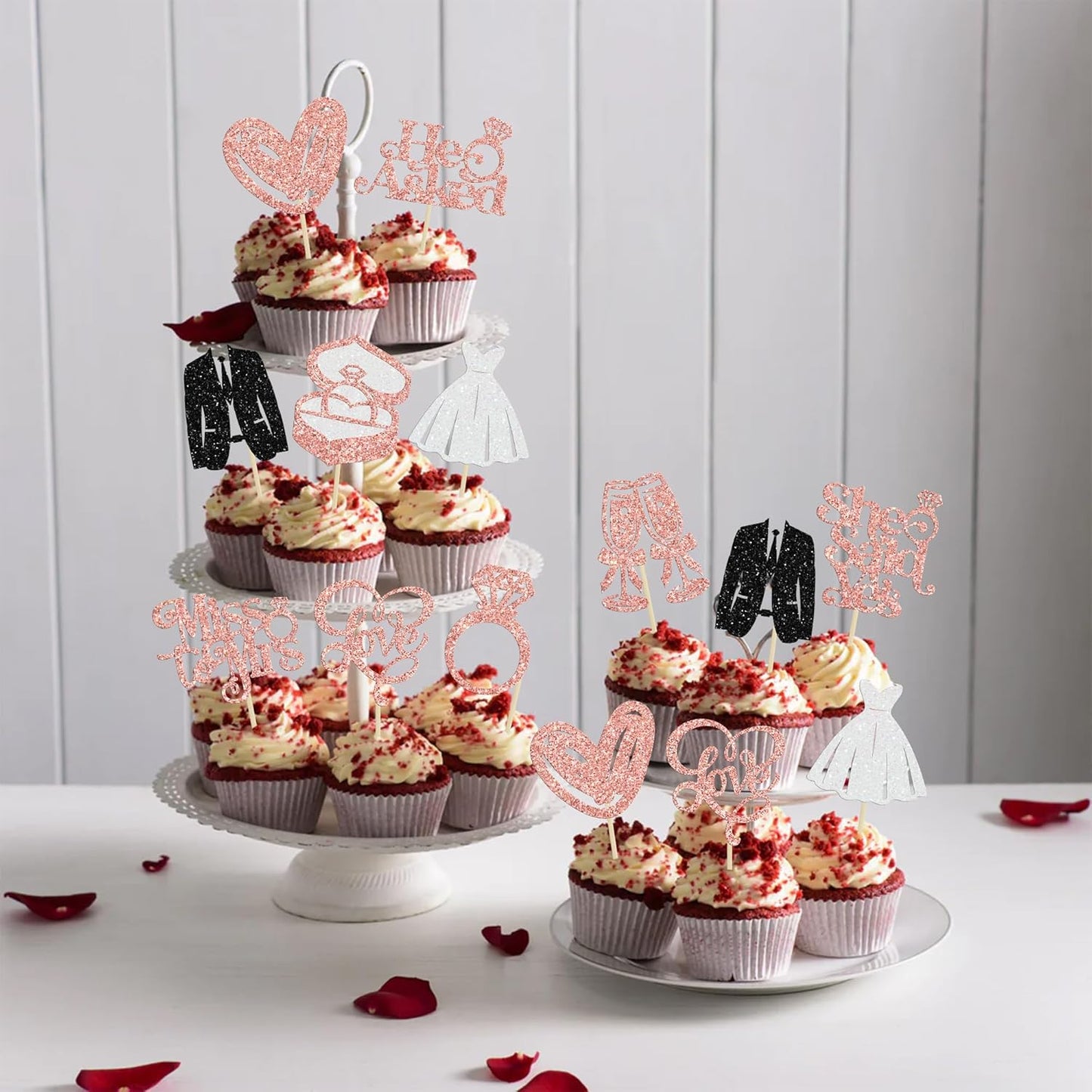 Gyufise 30Pcs She Said Yes Cupcake Toppers Glitter Diamond Ring I Do Love Cupcake Picks Miss to Mrs He Asked Bridal Shower Wedding Engagement Bachelorette Cake Decoration Rose Gold