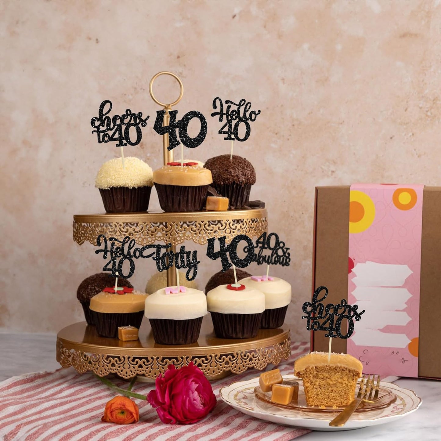 30pcs Happy 40th Birthday Cupcake Toppers - Black Glitter Forty Cheers to 40 Years Old Cupcake Picks for Anniversary Party Cake Decorations