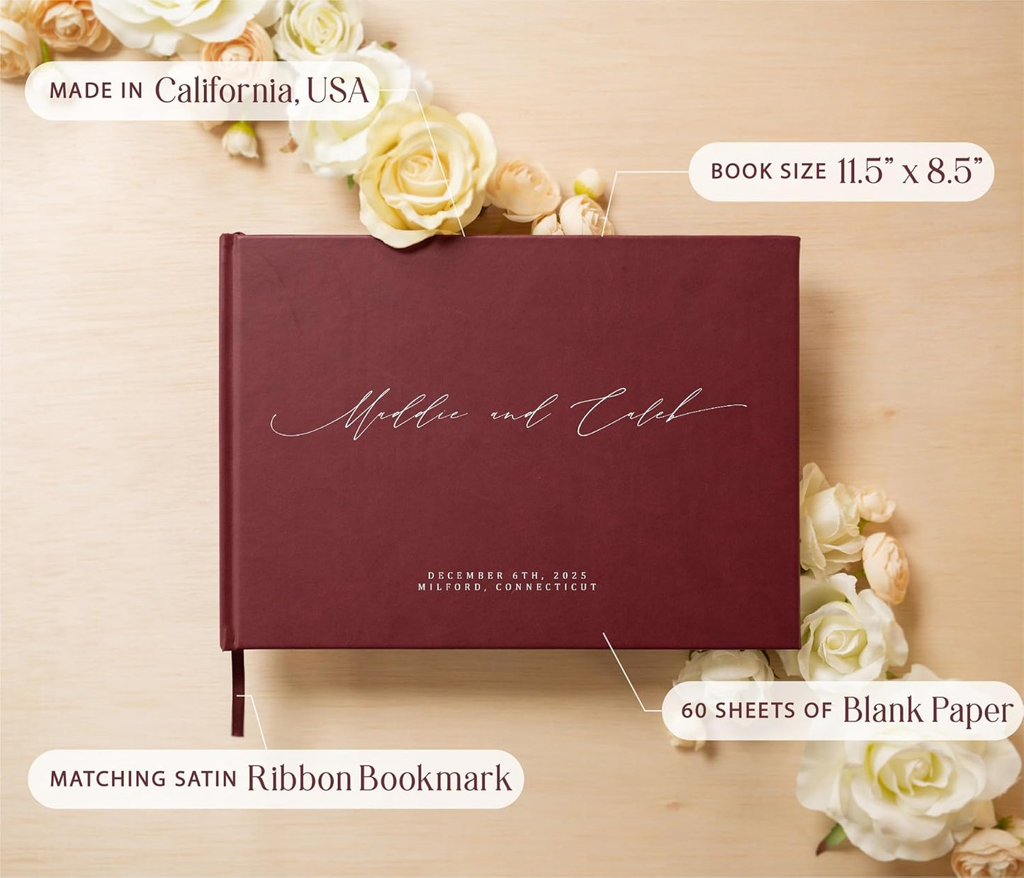 MUUJEE Personalized Guestbook in Wine - Premium Custom Modern Guest Book for Wedding Reception, Birthday Party or Events w/Bookmark Blank Pages for Signing 11.5 x 8.5 inches