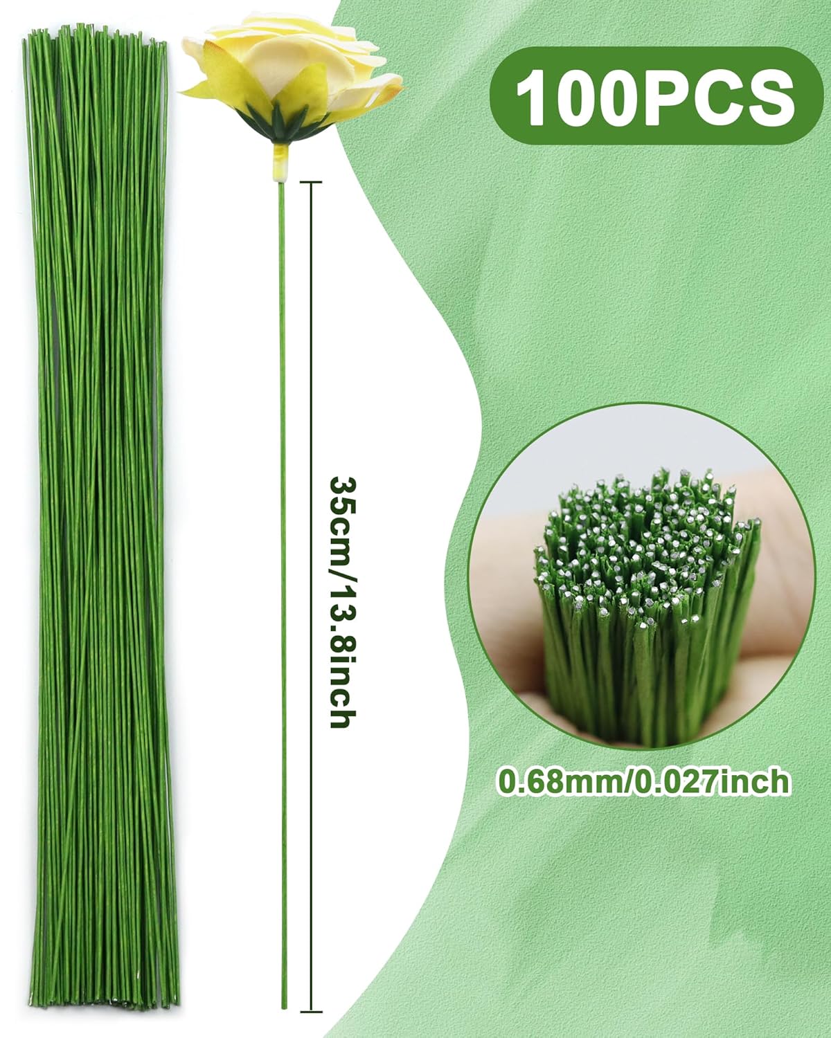 100 PCS FIVEIZERO 26 Gauge LightGreen Floral Wire Stems for Artificial Flower Making,Florist Wires,Flower Wire for Crafts,Alambre para Flores for Wreaths, Flower Arrangements and DIY Projects