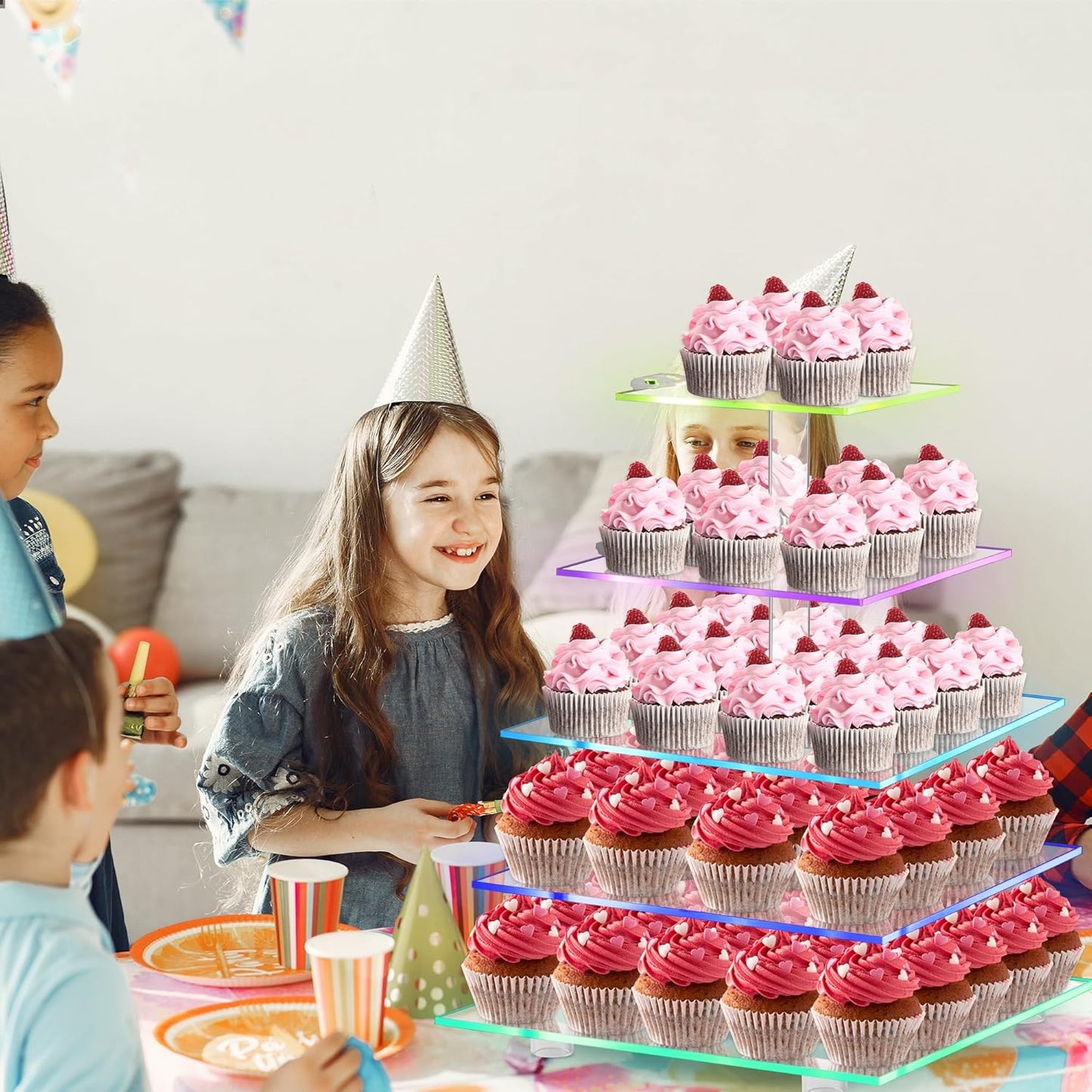 Cupcake Stand with Rechargeable Led, 5 Tier Clear Cupcake Holder, 7 Colors Light Cupcake Tower, Acrylic Dessert Table Display Set for Weddings, Christmas, Birthday, Parties, Baby Showers