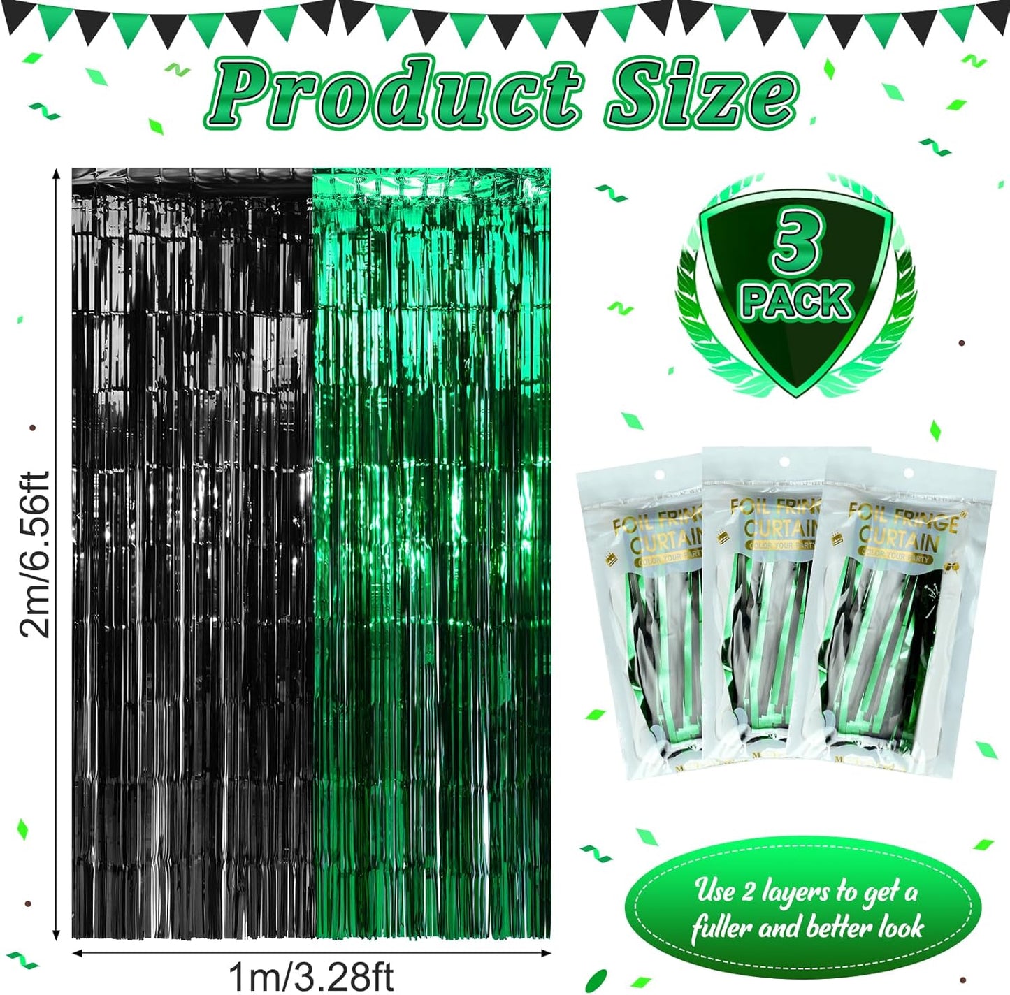 3Pack 3.3Ft x 6.6Ft Graduation Foil Fringe Curtain Backdrop Decorations, Green Black Metallic Tinsel Foil Streamers Curtain Photo Booth Background for Graduation Prom Wedding Birthday Party Decoration