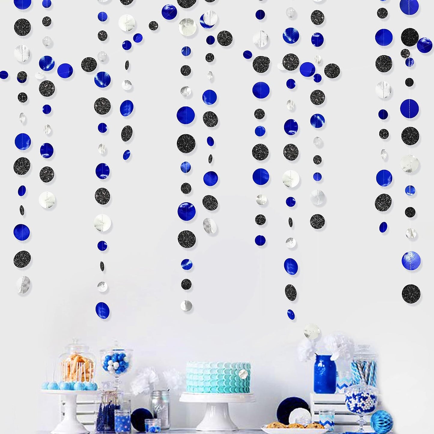 46Ft Navy Blue Black Silver Circle Dots Garland Royal Blue Black Polka Dots Streamer for Birthday Graduations Wedding Bridal Baby Shower Nautical Ahoy Achor Pirate Theme Party Decorations Supplies