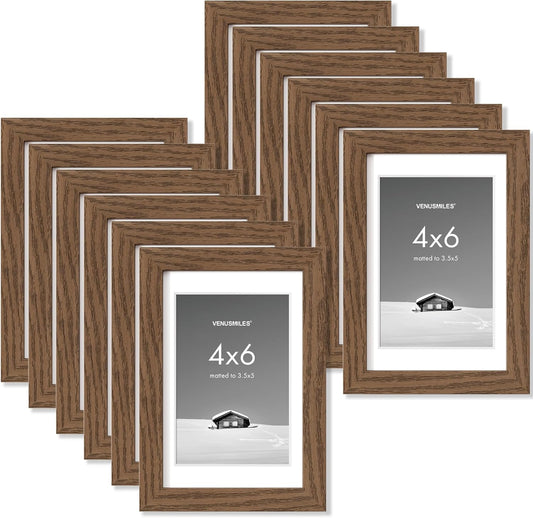 4x6 inch Picture Frame, 4x6 Photo Frames with 3.5x5 Removable Mat - High Definition Plexiglass - Vertical and Horizontal Display - Wall Hanging Frame - Walnut Color, 12 Pack