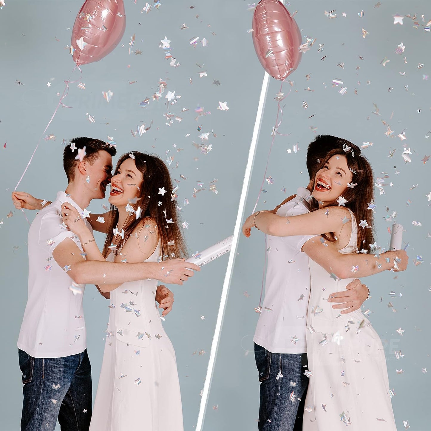 PrimePure Confetti Cannon Party Poppers - Holographic Silver Stars Confetti Popper - 2 Pack - Easy-to-Use Party Cannon - Silver Glitter Star Pop Gun for Graduation, Wedding, Birthday, Prank