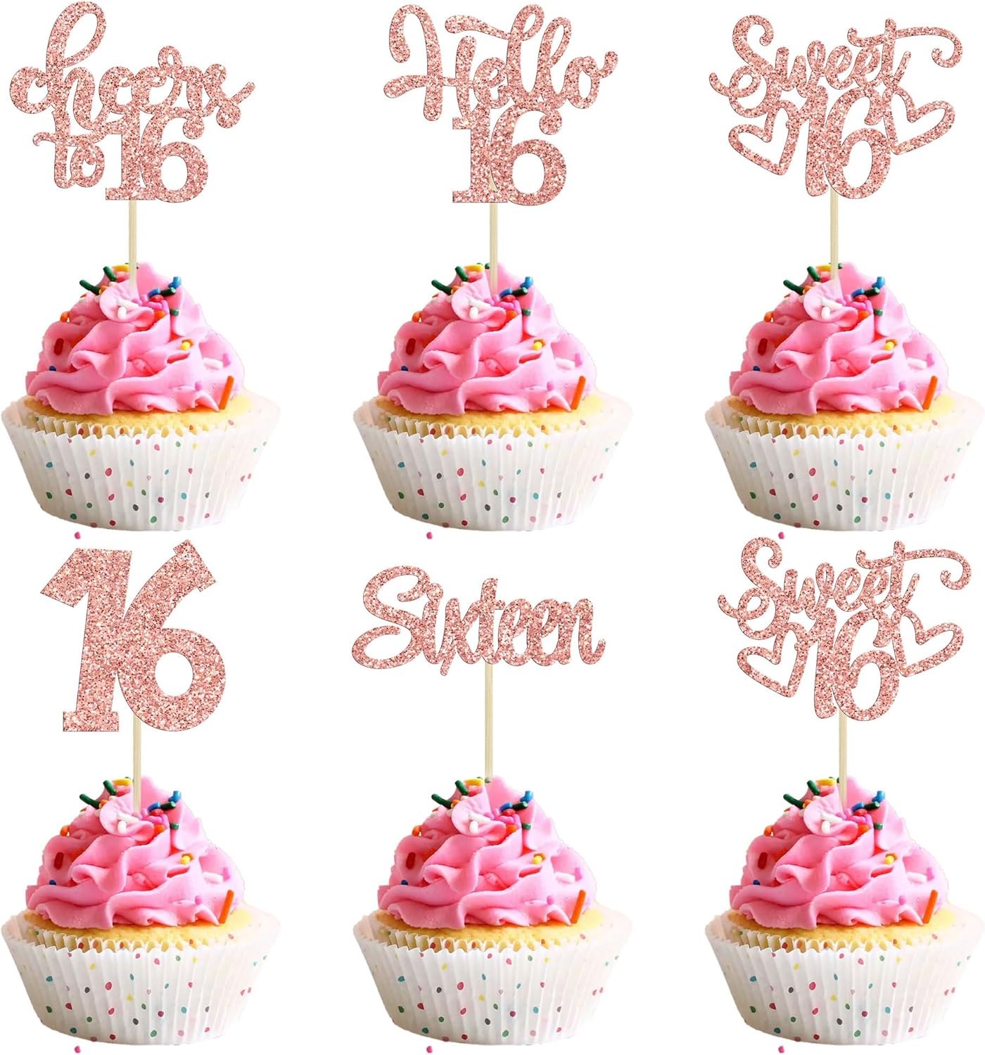 30pcs 16th Birthday Cupcake Toppers - Sixteen Happy Cupcake Picks, Cheers to Sweet 16 Cake Decorations in Rose Gold Glitter