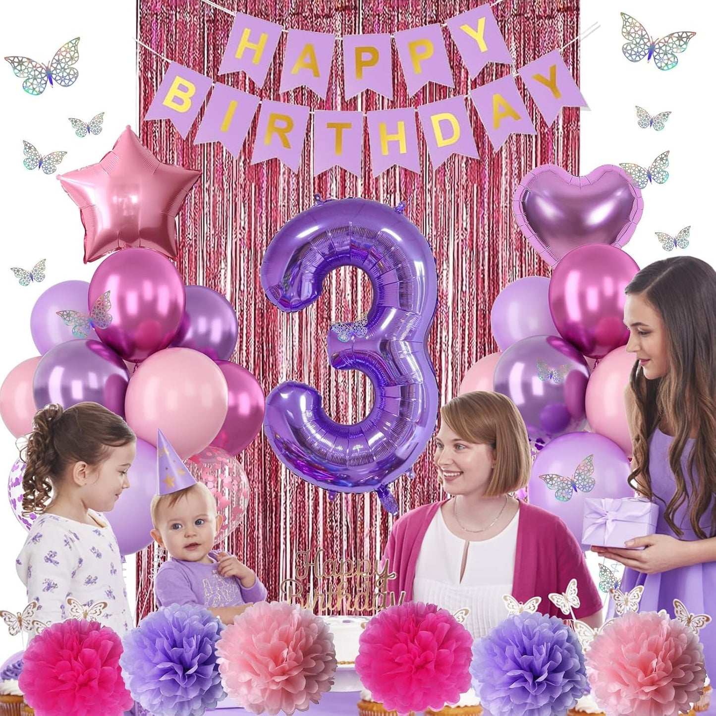 Pink Purple 3rd Birthday Party Decorations for Girls Number 3 Balloon Happy Birthday Banner Butterfly Stickers Fringe Curtain Paper Pom Poms Metallic Hot Pink Star Foil Balloons 3 Year Old Princess