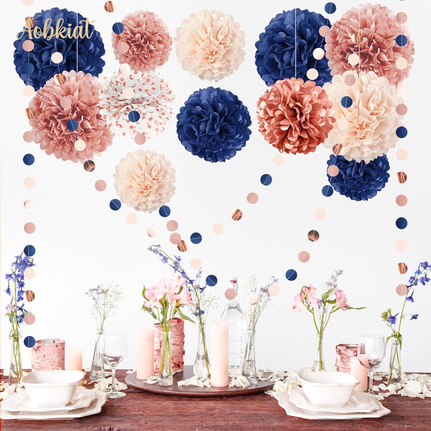 AOBKIAT Rose Gold and Navy Blue Party Decorations Set,Tissue Paper Pom Poms,Paper Garland for Women Engagement Anniversary,30th,40th,50th,60th,Birthday Party Supplies