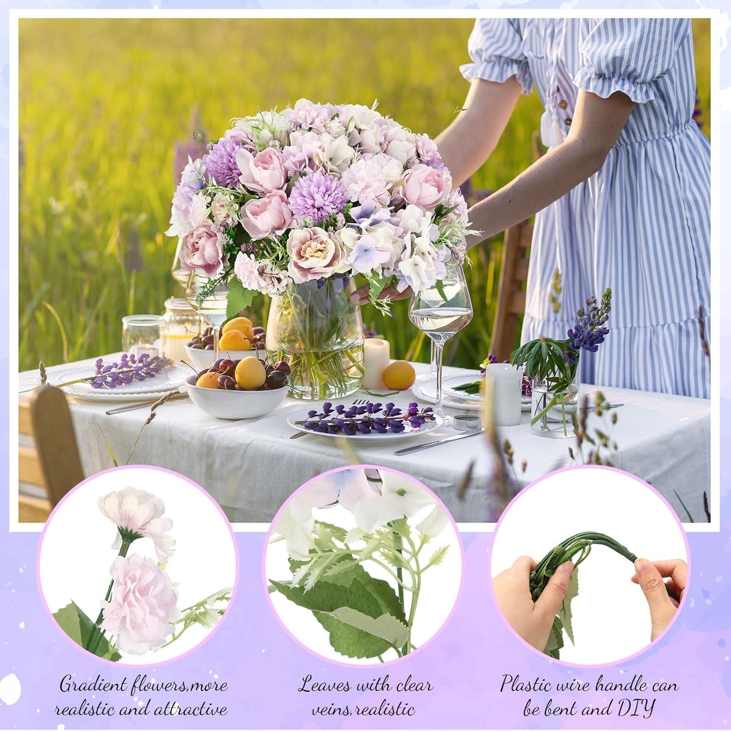 Tigeen Artificial Flowers Artificial Peonies Silk Flowers Faux Peony Fake Peony Silk Hydrangea Bouquet for Wedding Table Centerpiece Floral Vase Decor(Purple,24 Bundles)