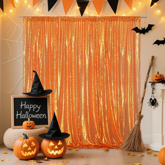Poise3EHome Orange Sequin Backdrop, 10Ft x 10Ft Glitter Photography Background Curtains for Halloween Party Wedding Birthday Christmas Thanksgiving Decoration