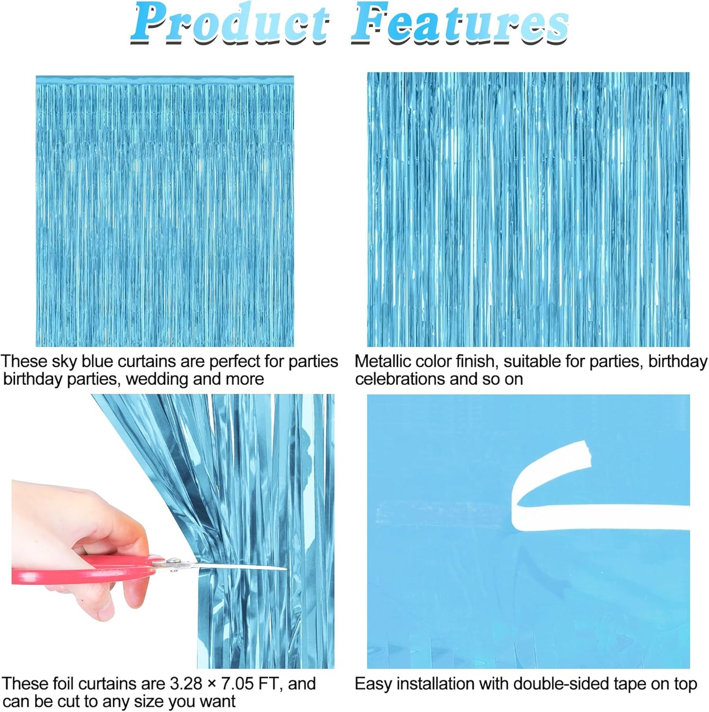 2 Pack Backdrop Curtains, 3.28 Feet x 7.05 Feet Sky Blue Tinsel Backdrop, Metallic Fringe Curtains Foil Tinsel Party Streamer, Winter Backdrop Happy Birthday Party Supplies