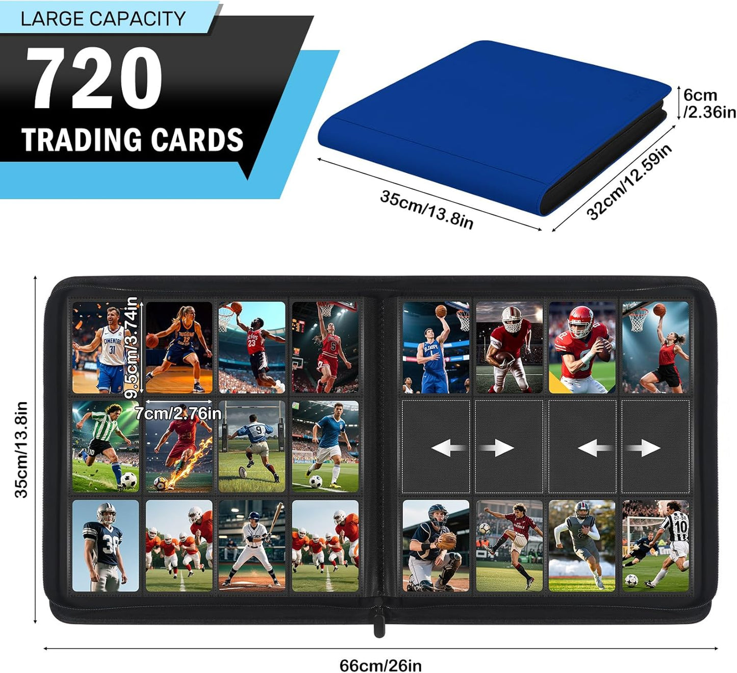 12 Pockets Trading Card Zipper Binder for 720 Cards, 30 Side-Loading Card Binder Folders, Ringless Card Sleeves with PU Cover, Collectible Trading Card Albums for Boys, Girls, Sports Game Cards, Blue