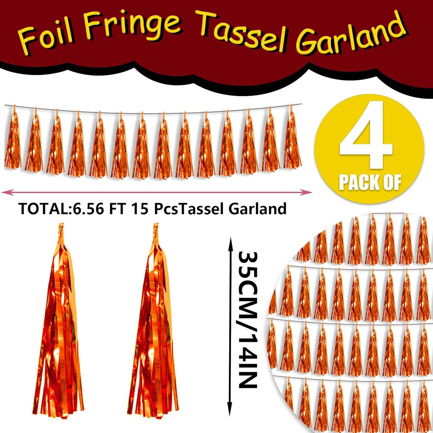 4P Metallic Fringe Tassel Banner Garland Foil Tinsel Streamer Wall Hanging Curtain Backdrop Banner for Parade Floats, Halloween Decorations, Christmas Day, Fall, Thanksgiving Party Decoration(Orange)