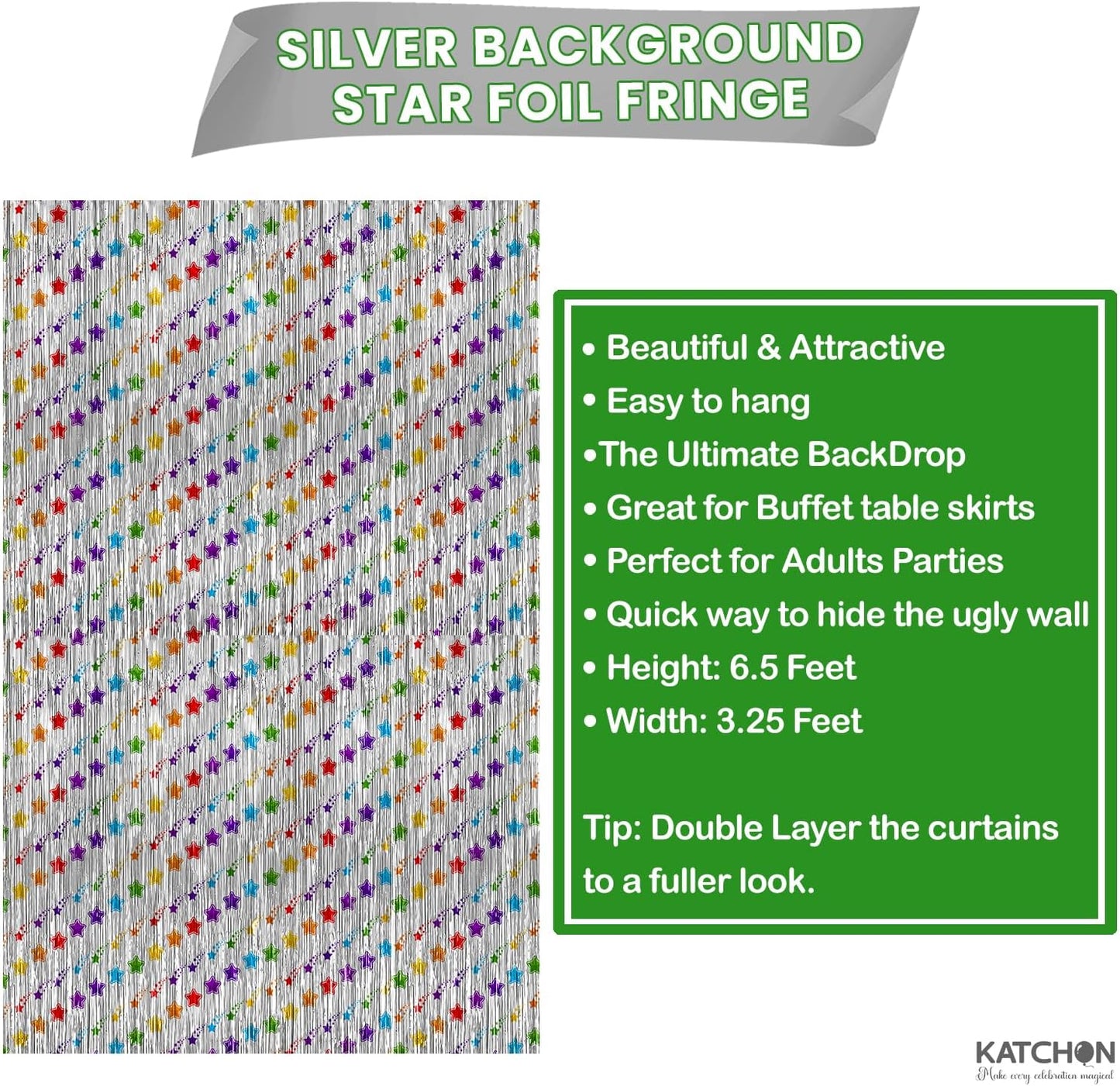KatchOn, Star Silver Foil Fringe Curtains – Pack of 2 | Silver Fringe Backdrop for Birthday, Labor Day Decorations, Patriotic Decorations | Star Streamers for Unicorn, Rainbow, Space Party Decoration