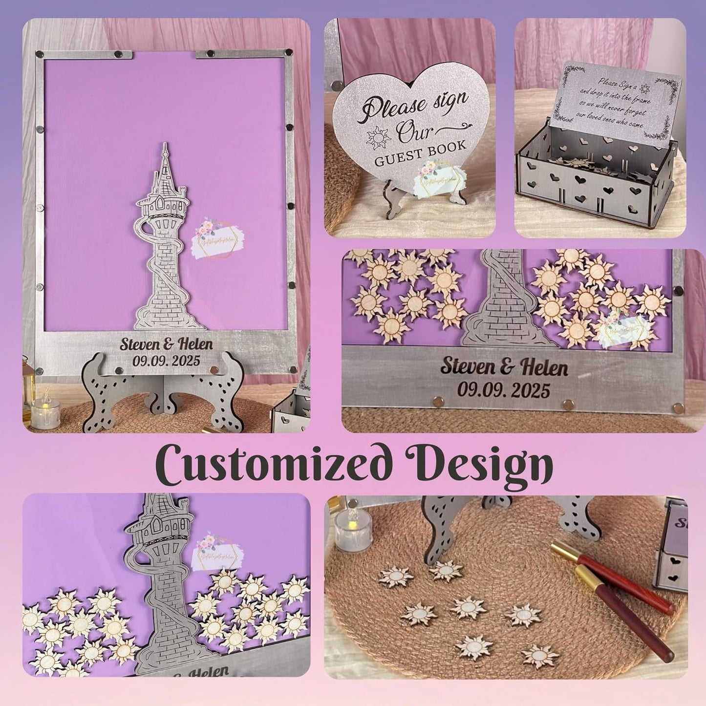 Tangled Guest Book for Wedding | Silver Princess Tower Guest Book Alternative | Fairytale Wedding Guestbook | Personalized Wooden Sign In Book Keepsake